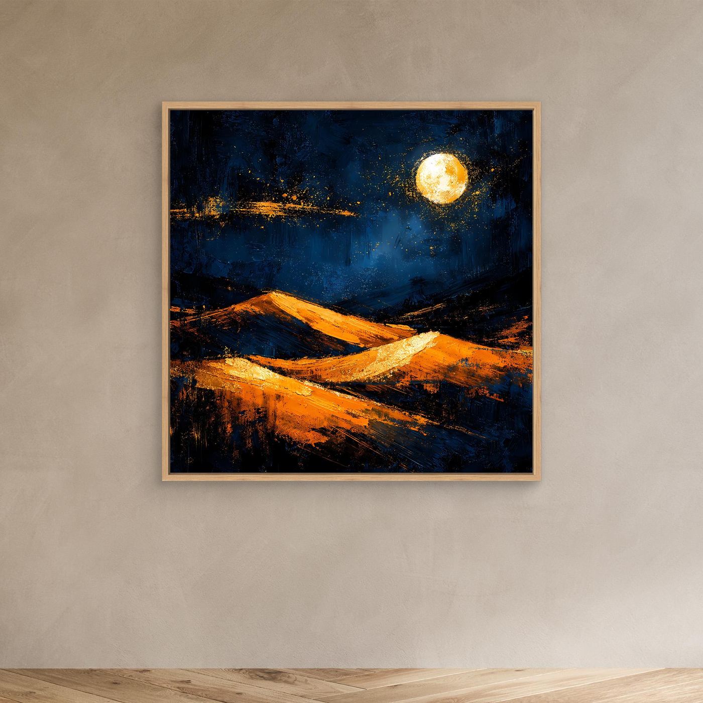 Abstraktes Leinwandbild mit goldener Sonne, orange Dünen und dunklem Blau im Eichenrahmen