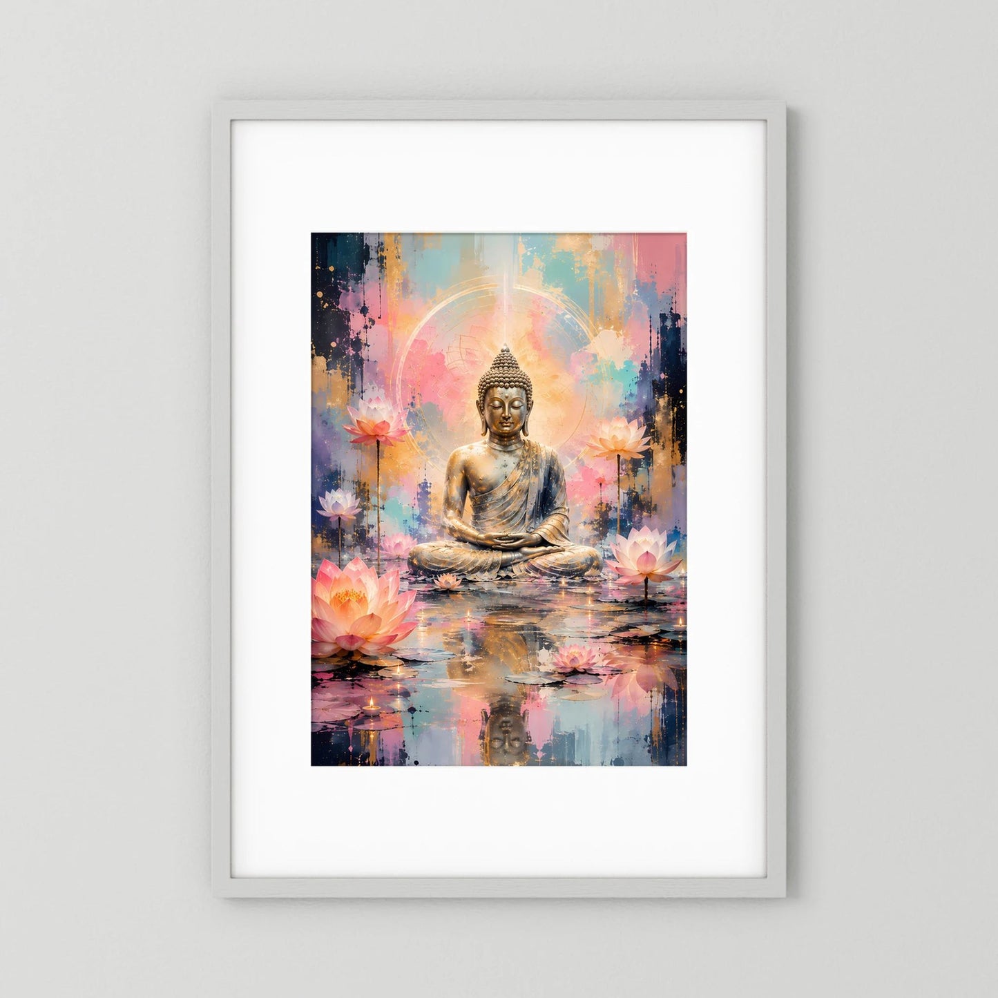 Gerahmtes Poster mit sitzendem Buddha und Lotusblüten in Pastellfarben und Gold, Hochformat