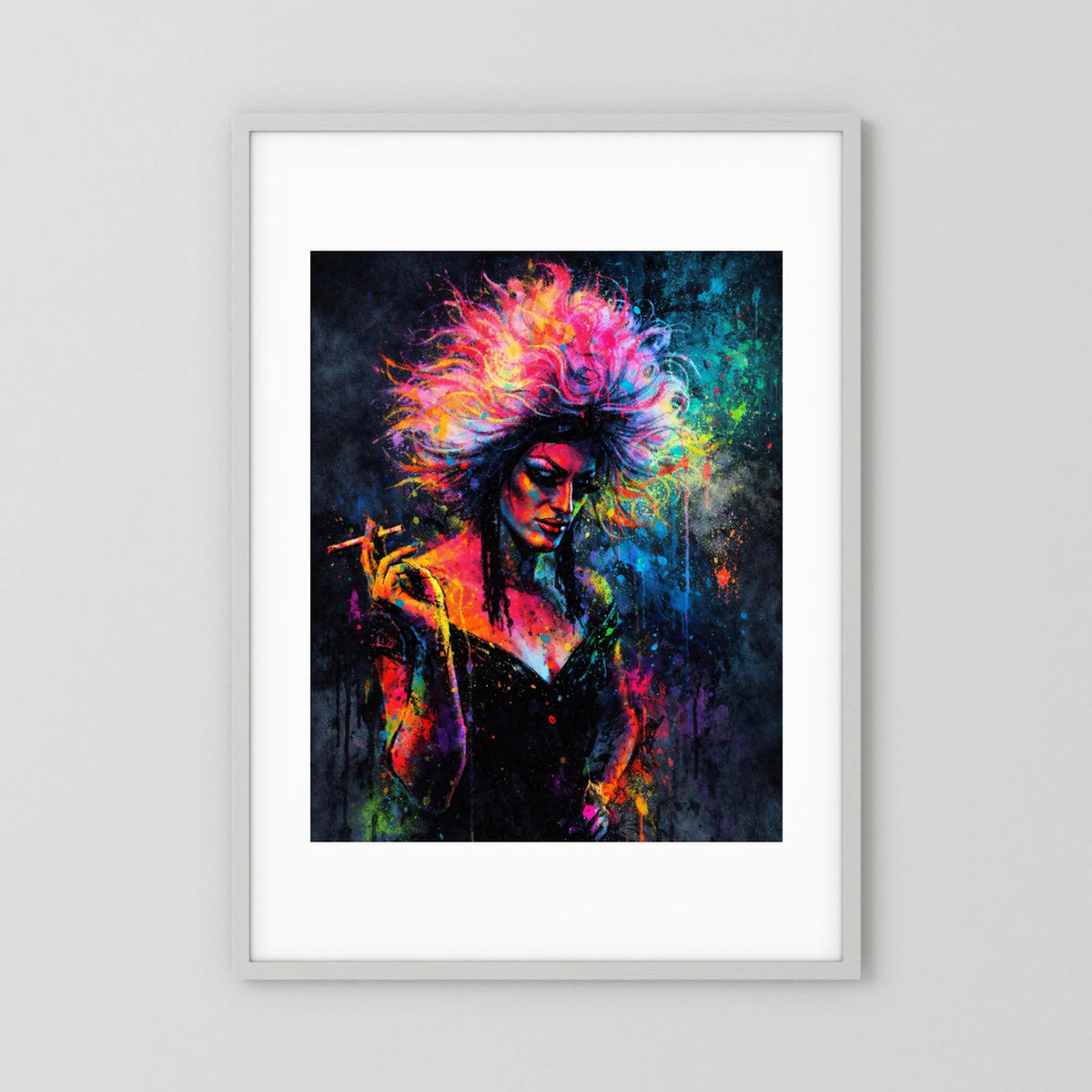 Neon-Wandbild mit Drag-Queen-Porträt, bunter Haarwirbel, weißer Rahmen