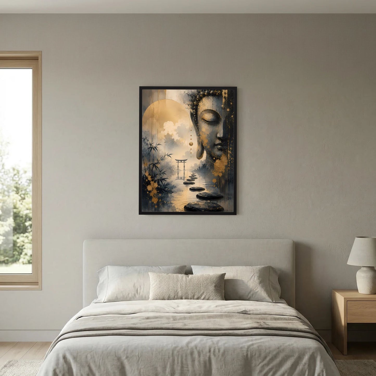 Buddha-Poster im schwarzen Rahmen, Gold-Schwarz-Grafik mit Lotus-Wasserweg