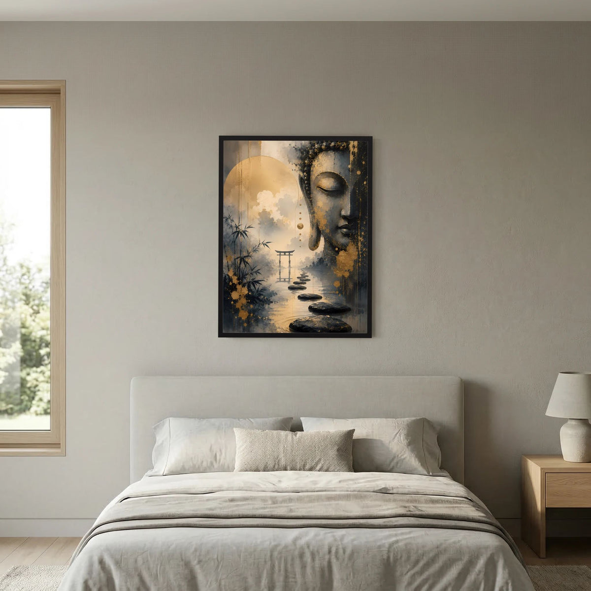 Buddha-Poster im schwarzen Rahmen, Gold-Schwarz-Grafik mit Lotus-Wasserweg