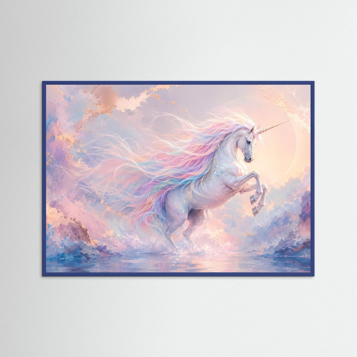 Magisches Einhorn in Pastell | Fantasie Wandbild in Rosa, Blau & Gold