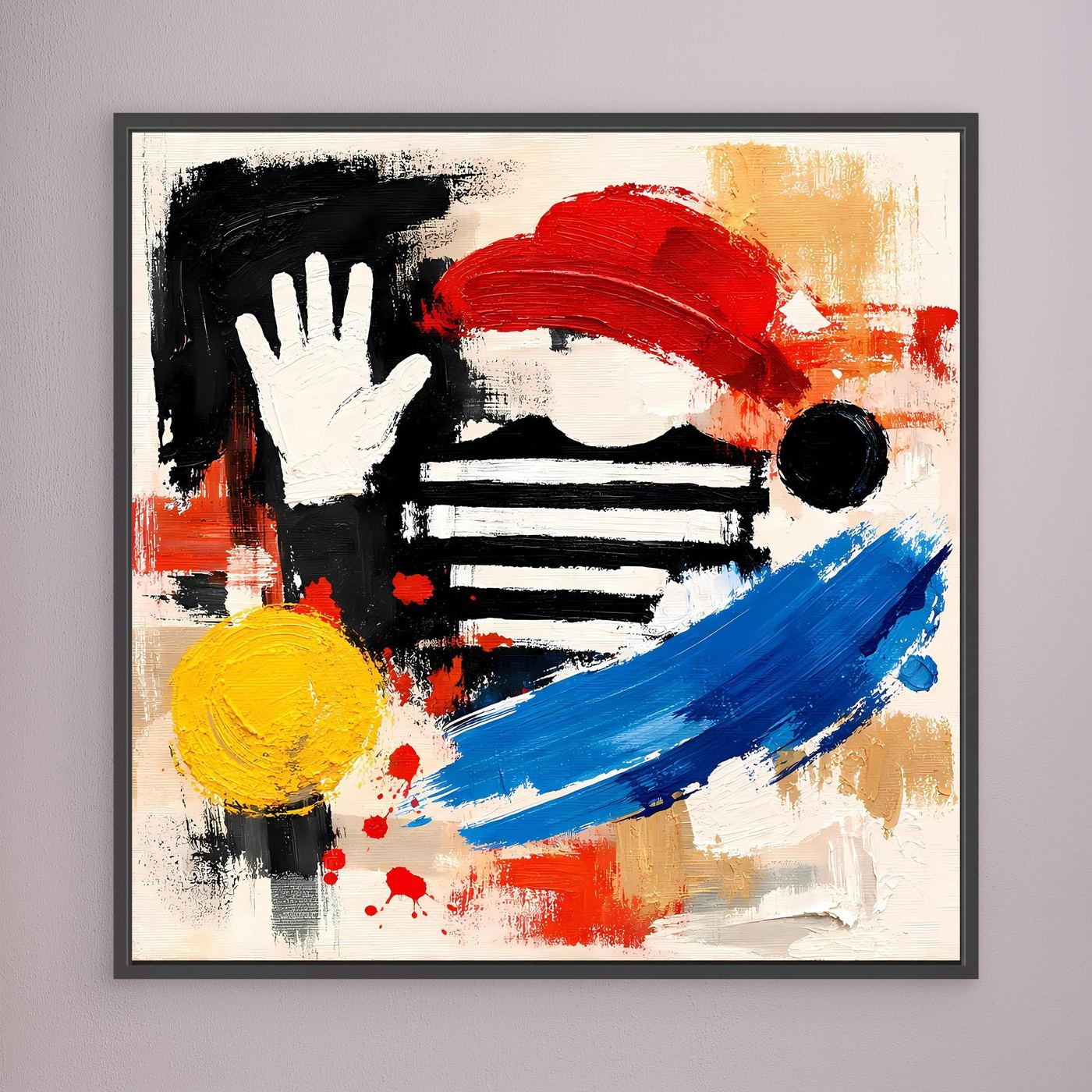 Abstract street art canvas with black, red, blue, and yellow figures, dark frame