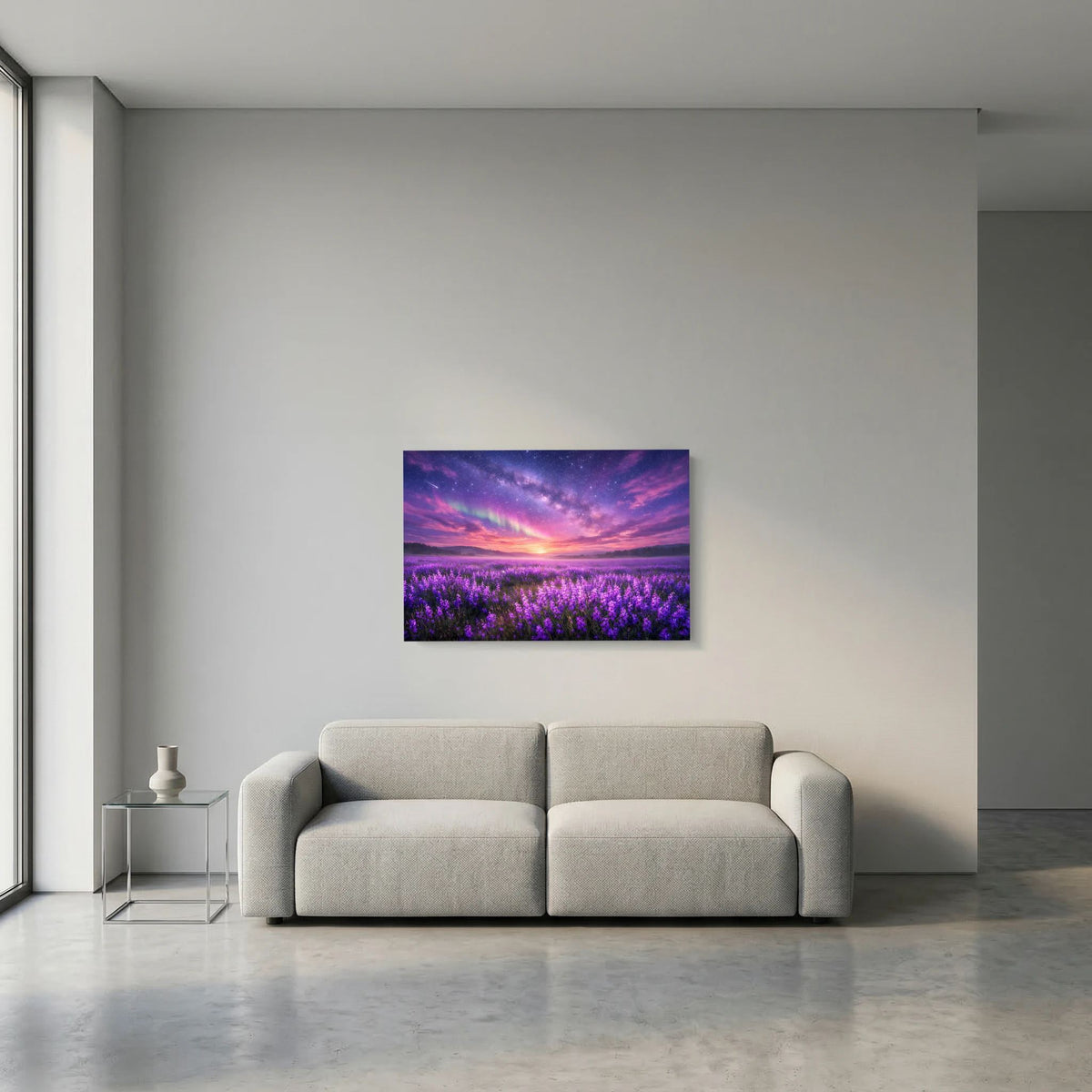 Wandbild im Querformat: Lavendelfeld unter Sternenhimmel vor farbigem Sonnenuntergang