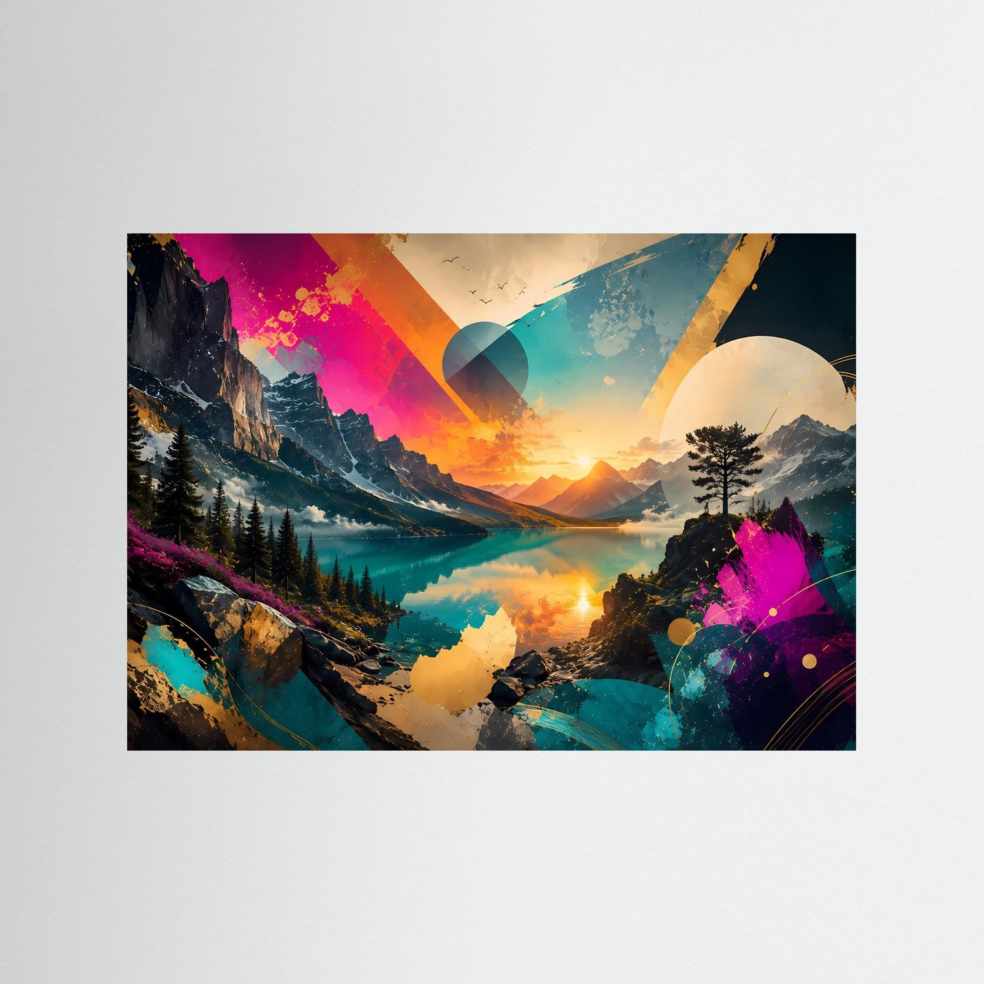 Abstrakte Berglandschaft Poster | Moderner Bergsee Sonnenuntergang | Geometrische Landschaft Kunst | Bunte Panorama Leinwand | Contemporary Wall Art