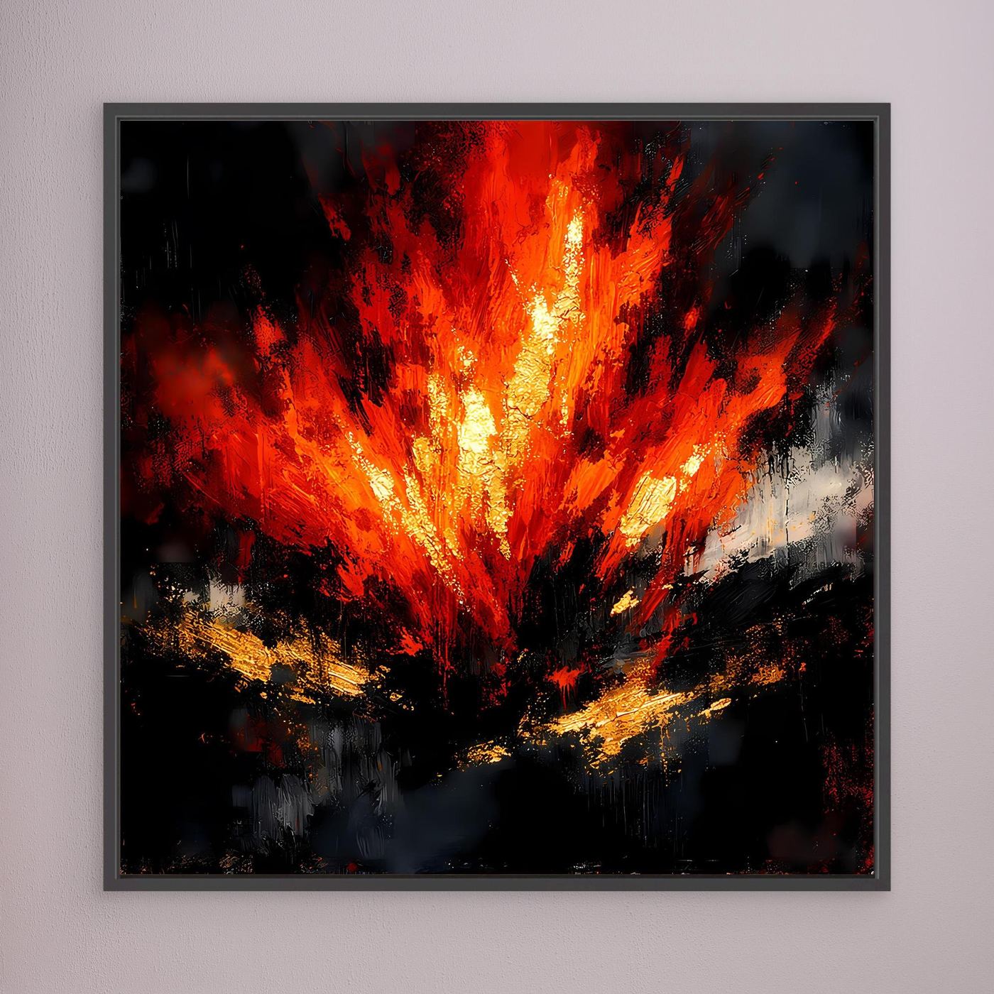 Leinwand-Wandbild mit abstrakten Flammen in Rot und Orange, schwarzer Rahmen.