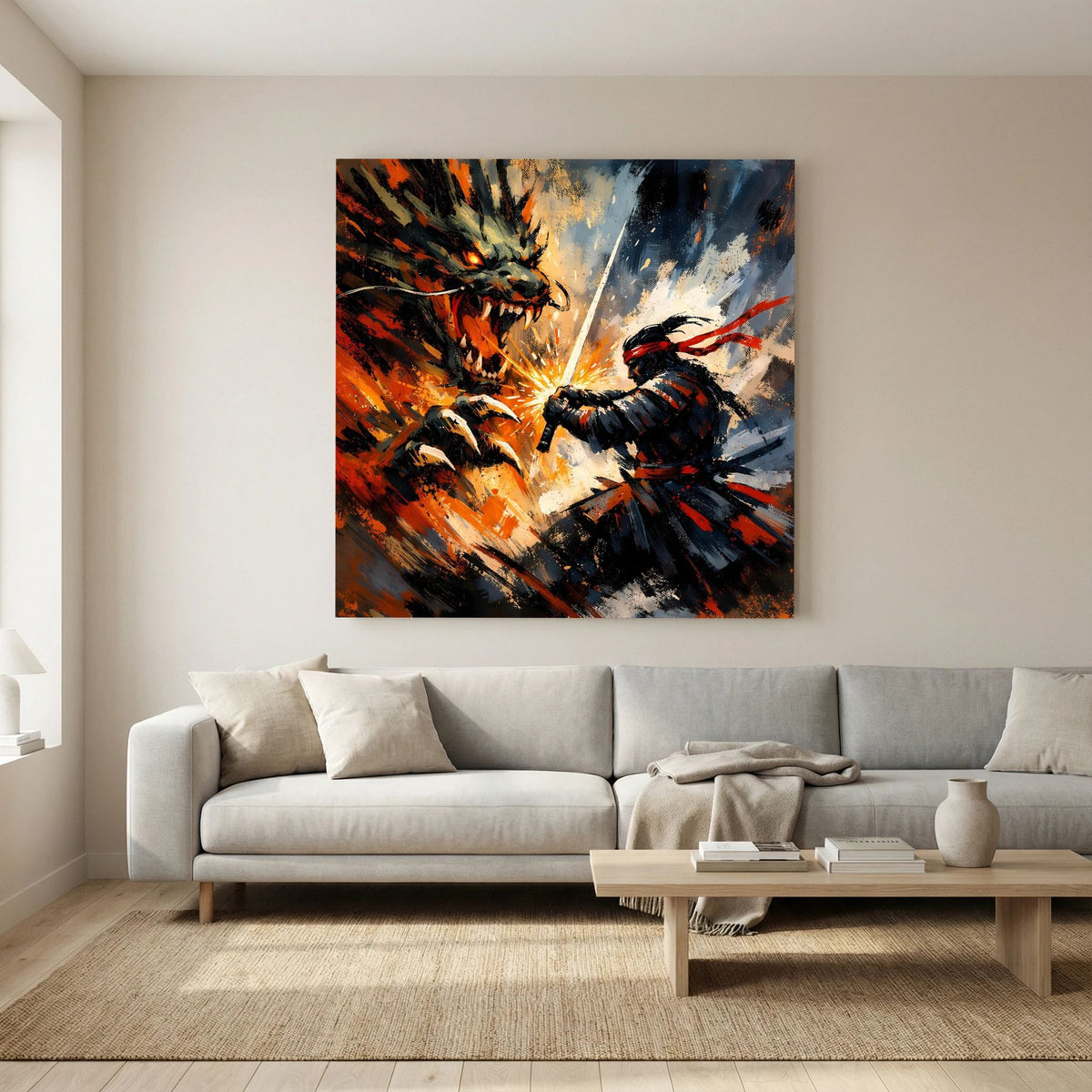 Quadratisches Leinwand-Wandbild: Samurai und Drache im Duell, kontrastreiche orange-schwarze Strukturen