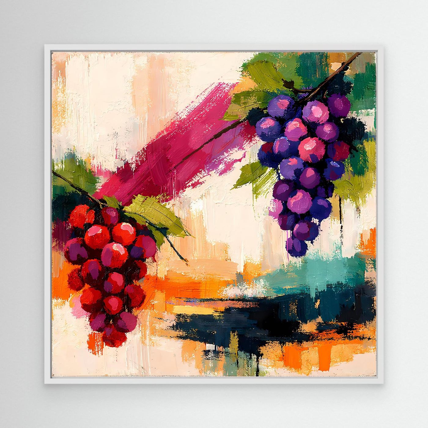 White-framed abstract grape still life canvas with red and purple grape clusters
