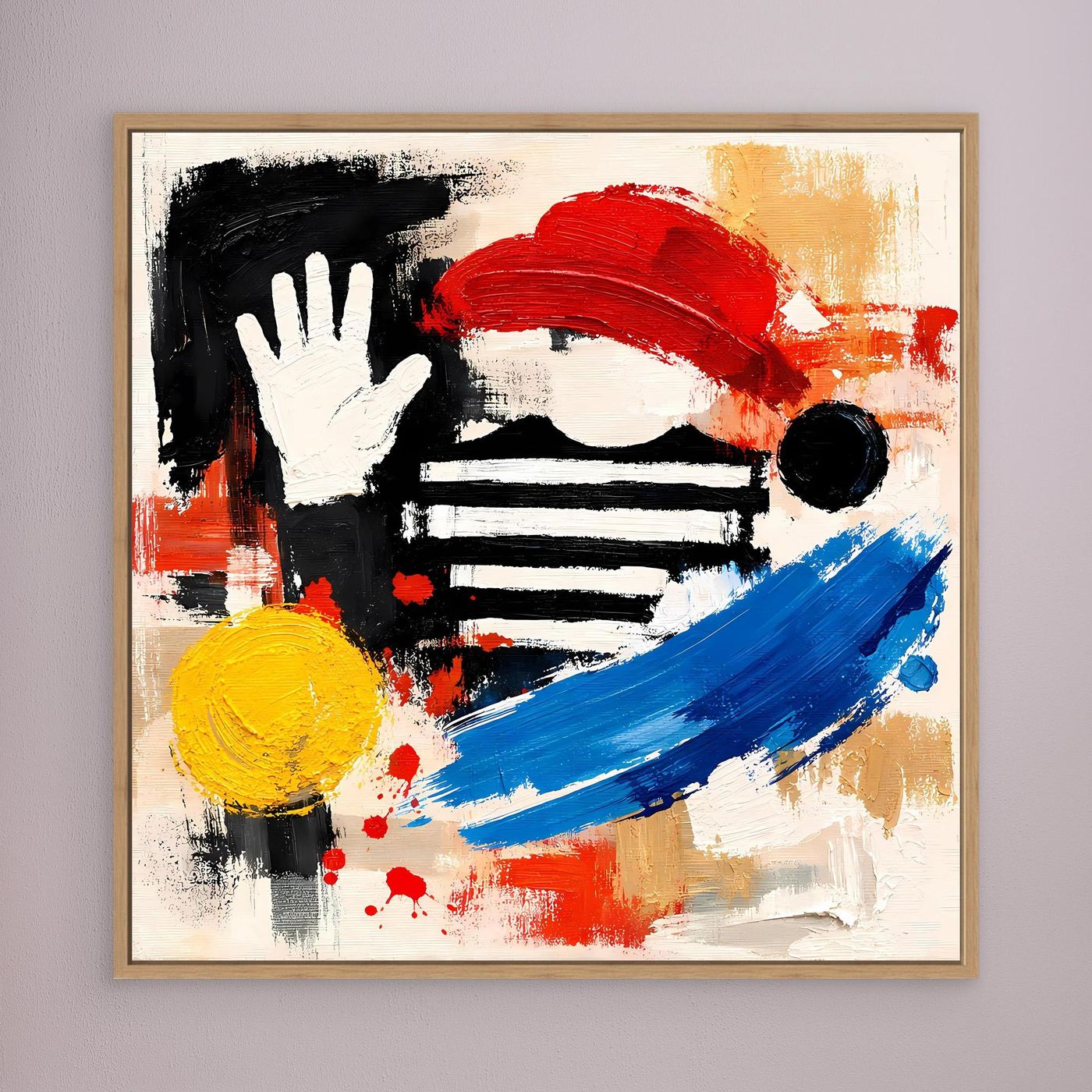 Abstract street art canvas with black, red, blue, and yellow figures, light wood frame