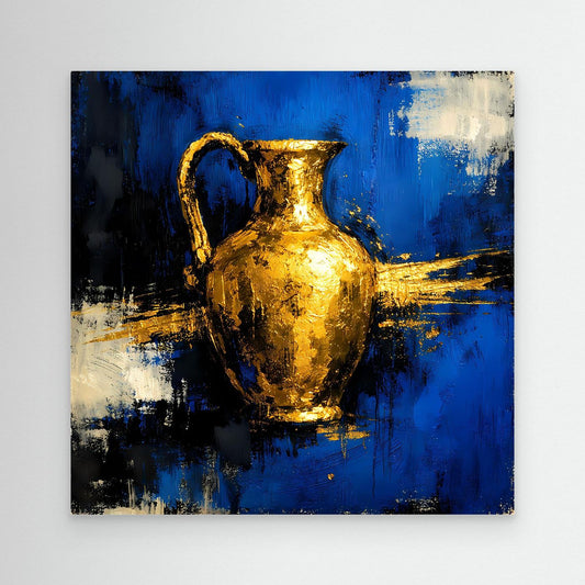 Wandbild: goldene Amphore auf blauem abstraktem Hintergrund, ohne Rahmen