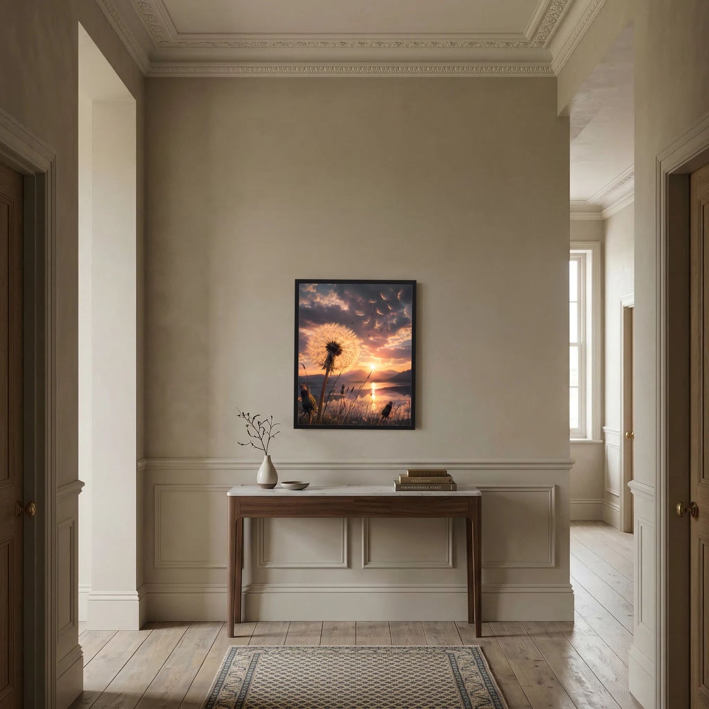 Hochformatposter mit Pusteblume und Sonnenuntergang, im schwarzen Rahmen