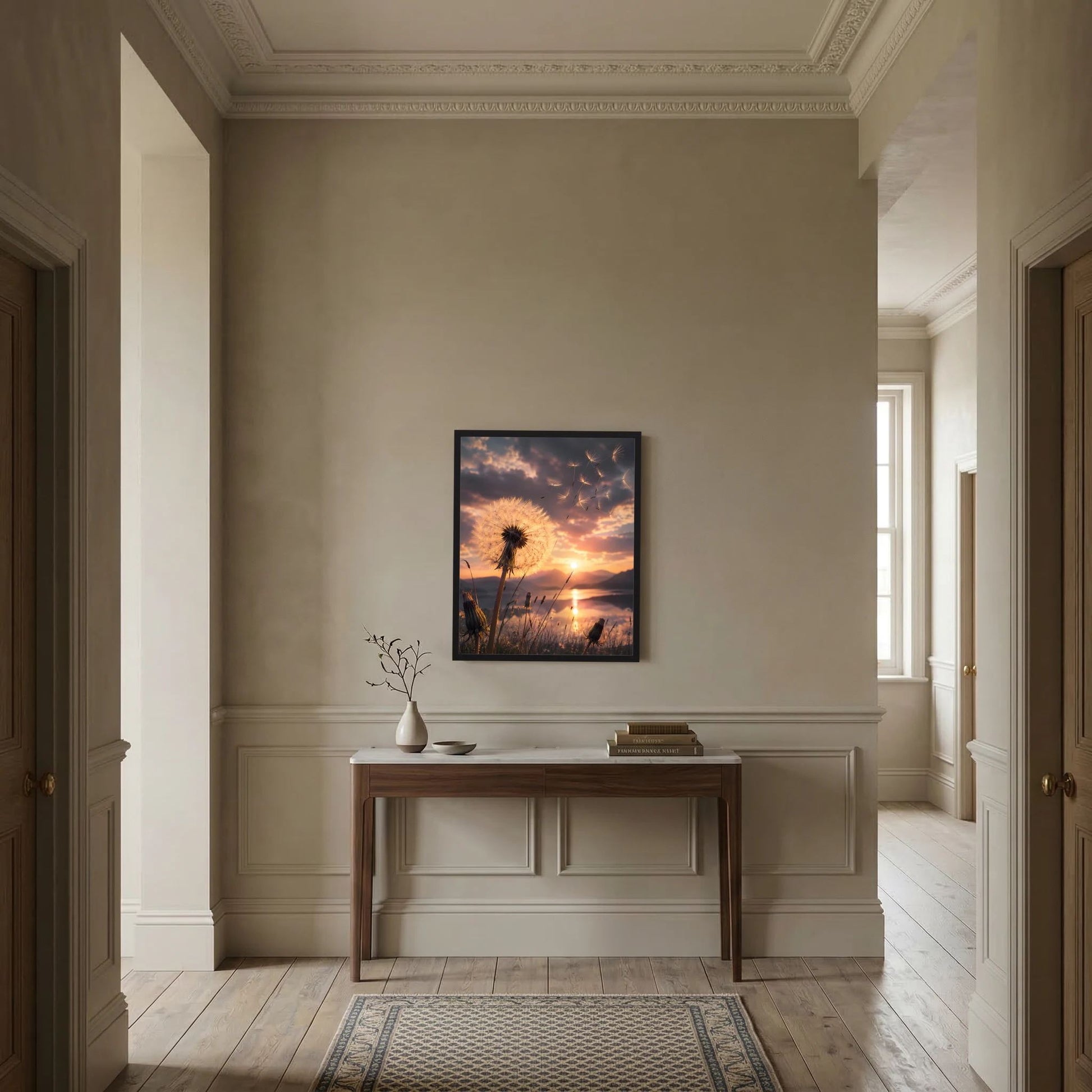 Hochformatposter mit Pusteblume und Sonnenuntergang, im schwarzen Rahmen