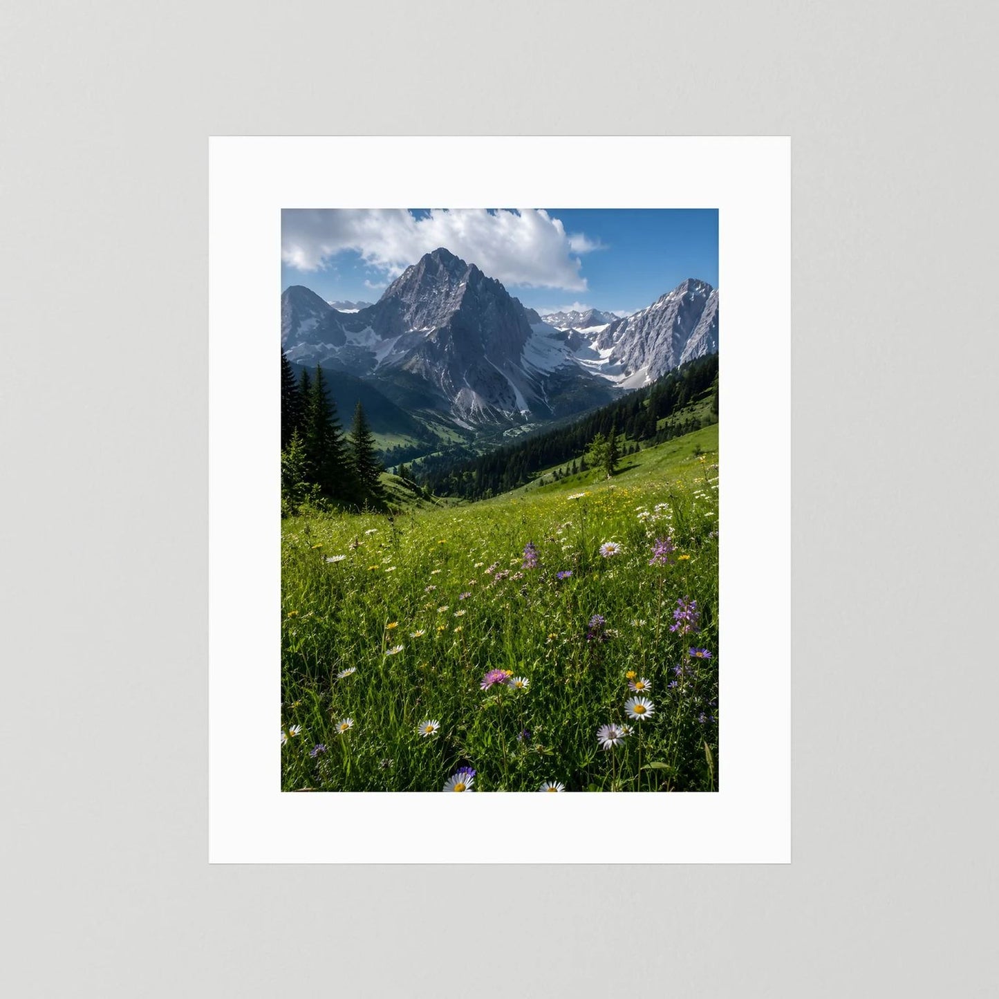 Wandbild mit Alpenberglandschaft und Wildblumen im Hochformat, weißer Passepartoutrahmen