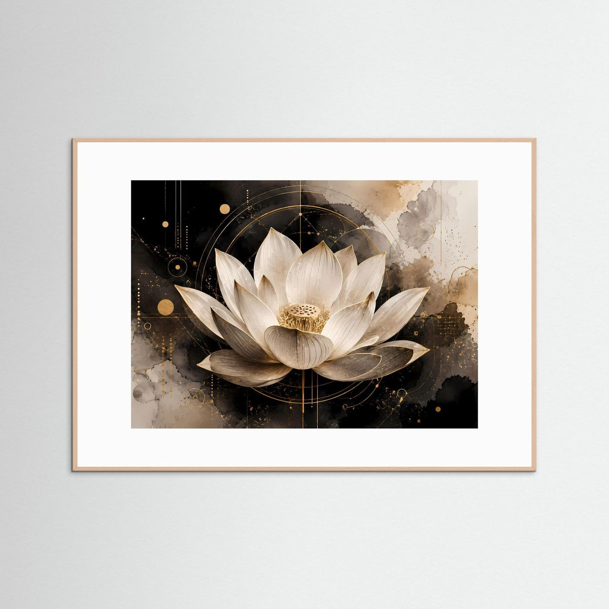 Rahmenposter mit abstrakter Lotusblüte im rosafarbenem Holzrahmen, Schwarz-Gold-Weiß