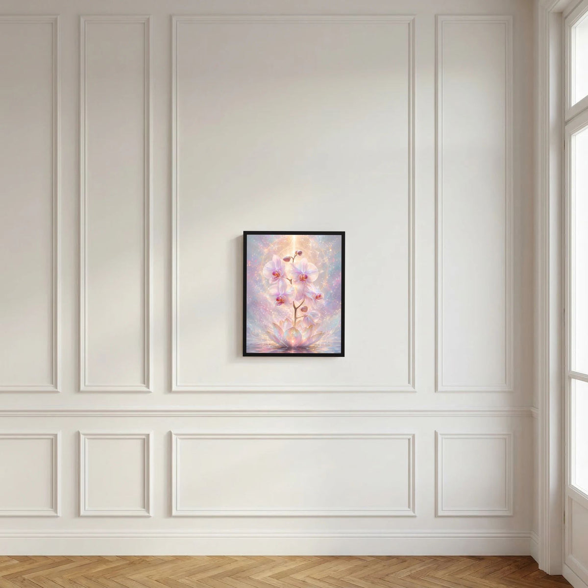 Kleines Wandposter mit pastellfarbenen Orchideen- und Lotusblüten im dunklen Rahmen