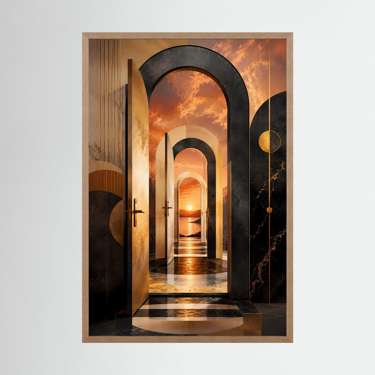 Hochformat-Poster mit surreale Architektur im Korridor, Schwarz/Creme, brauner Holzrahmen