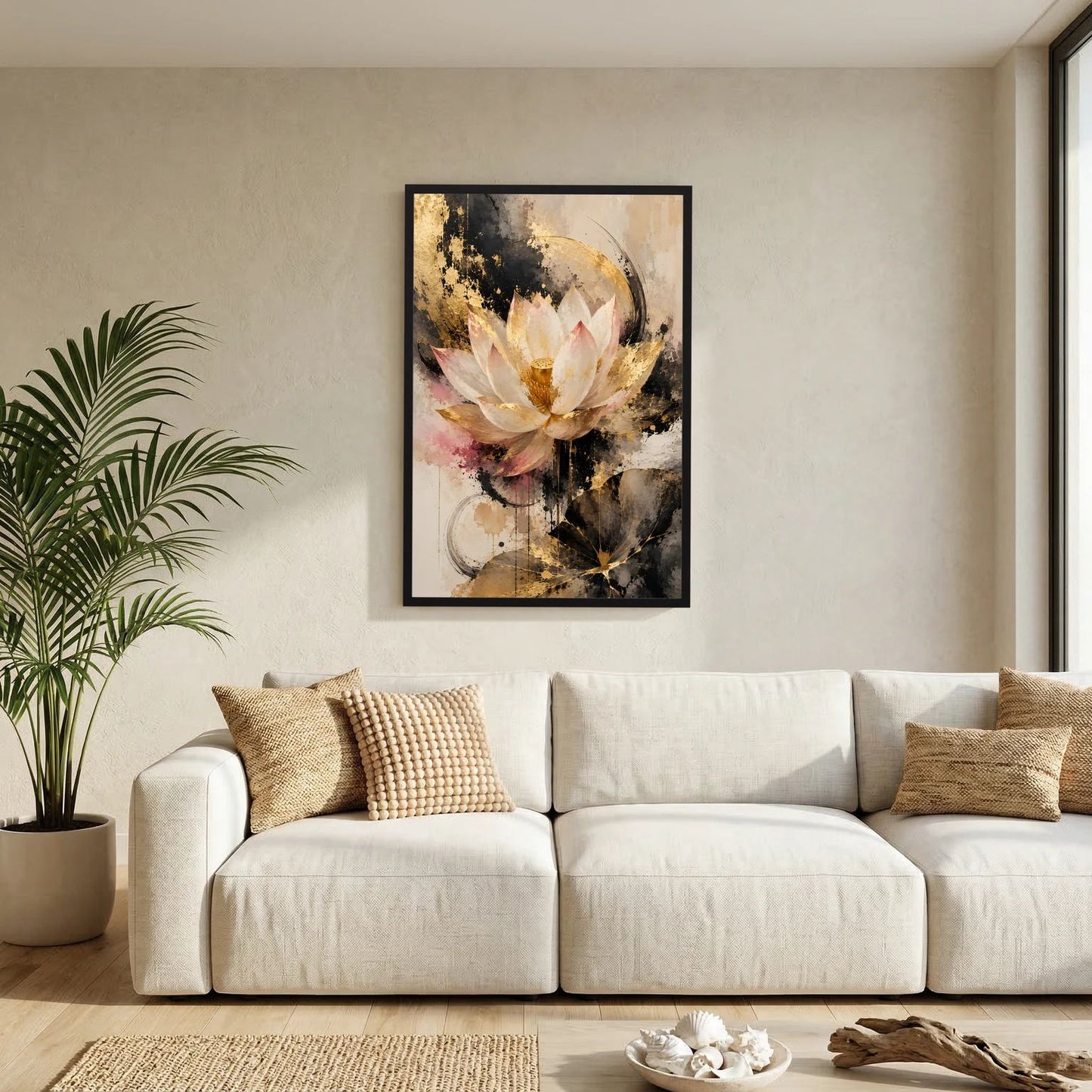 Poster mit Lotusblüte, abstrakt in Gold und Creme, schwarzer Rahmen