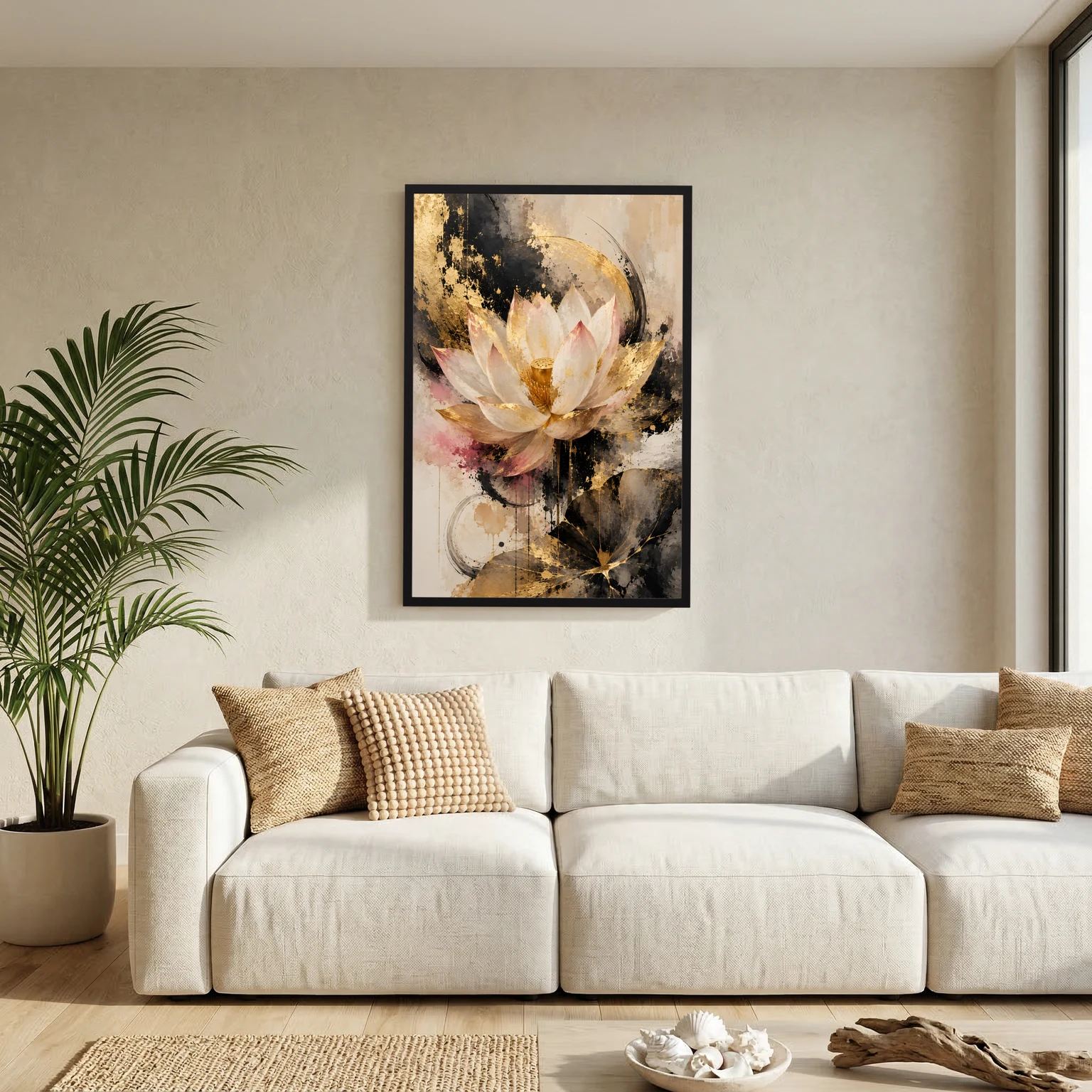 Poster mit Lotusblüte, abstrakt in Gold und Creme, schwarzer Rahmen