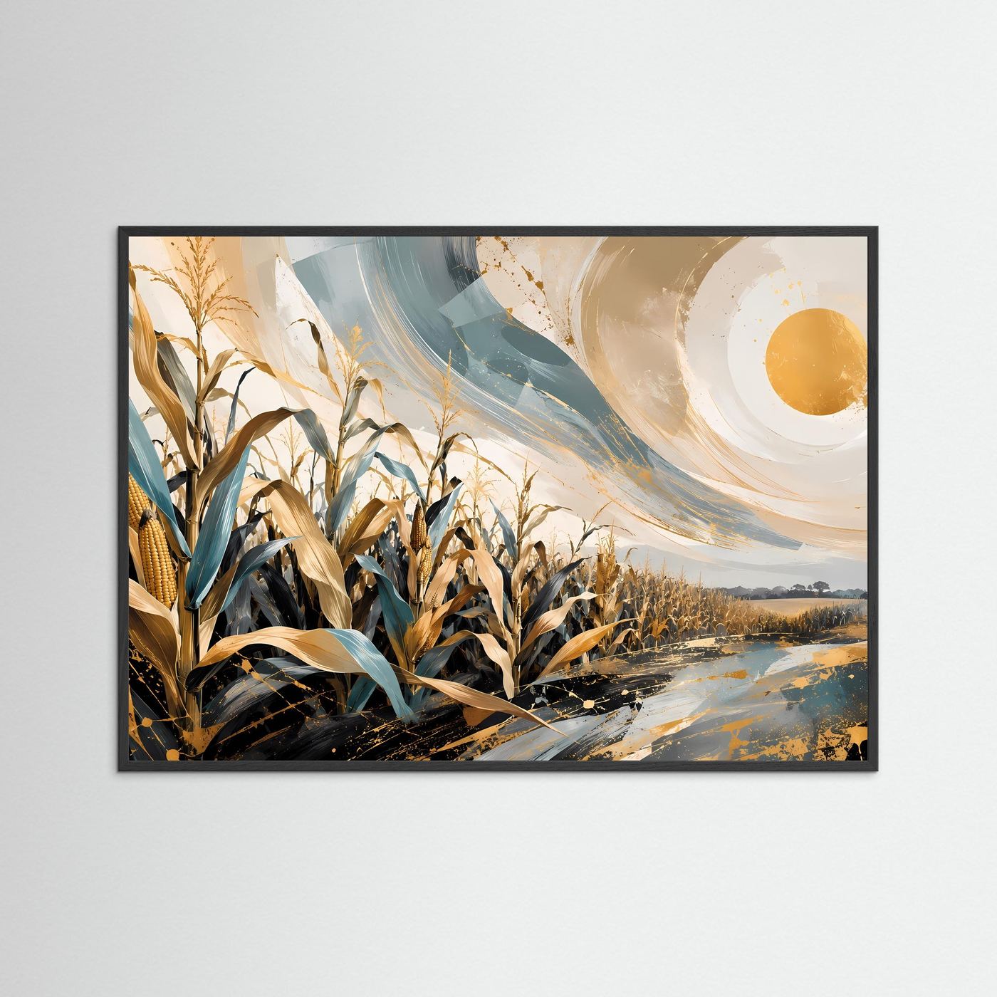 Maisfeld Poster | Abstrakte Landschaft Wandbild | Gold Blau Naturkunst | Modernes Feld Panorama | Eleganter Kunstdruck