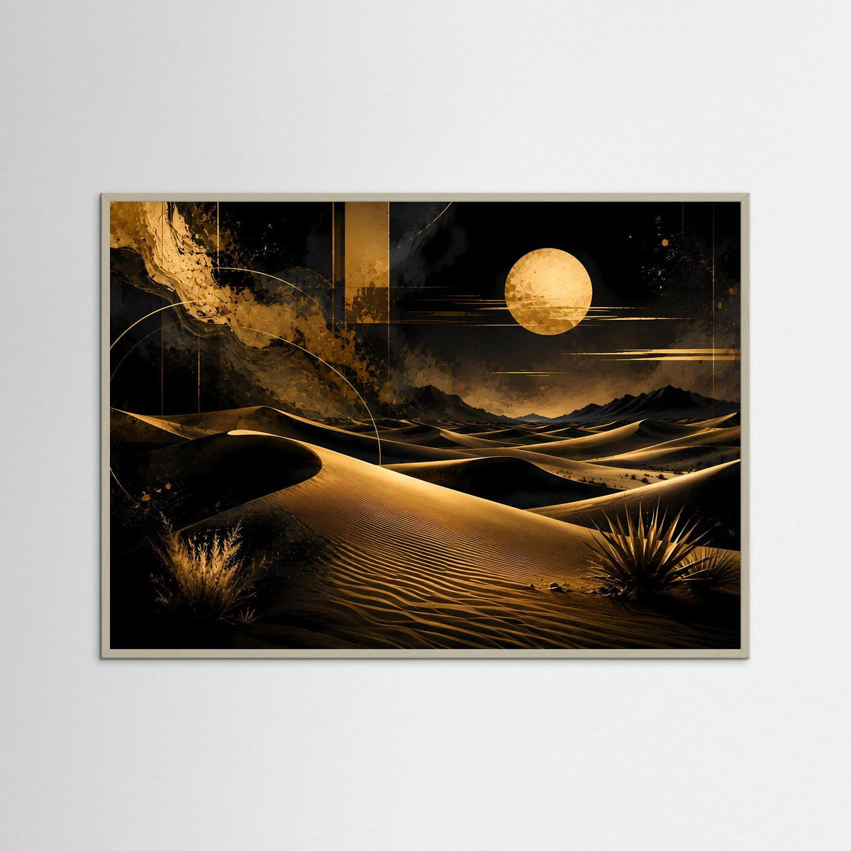 Gerahmtes Poster mit Sanddünen bei Nacht, grauer Rahmen, Schwarz-Gold, Querformat
