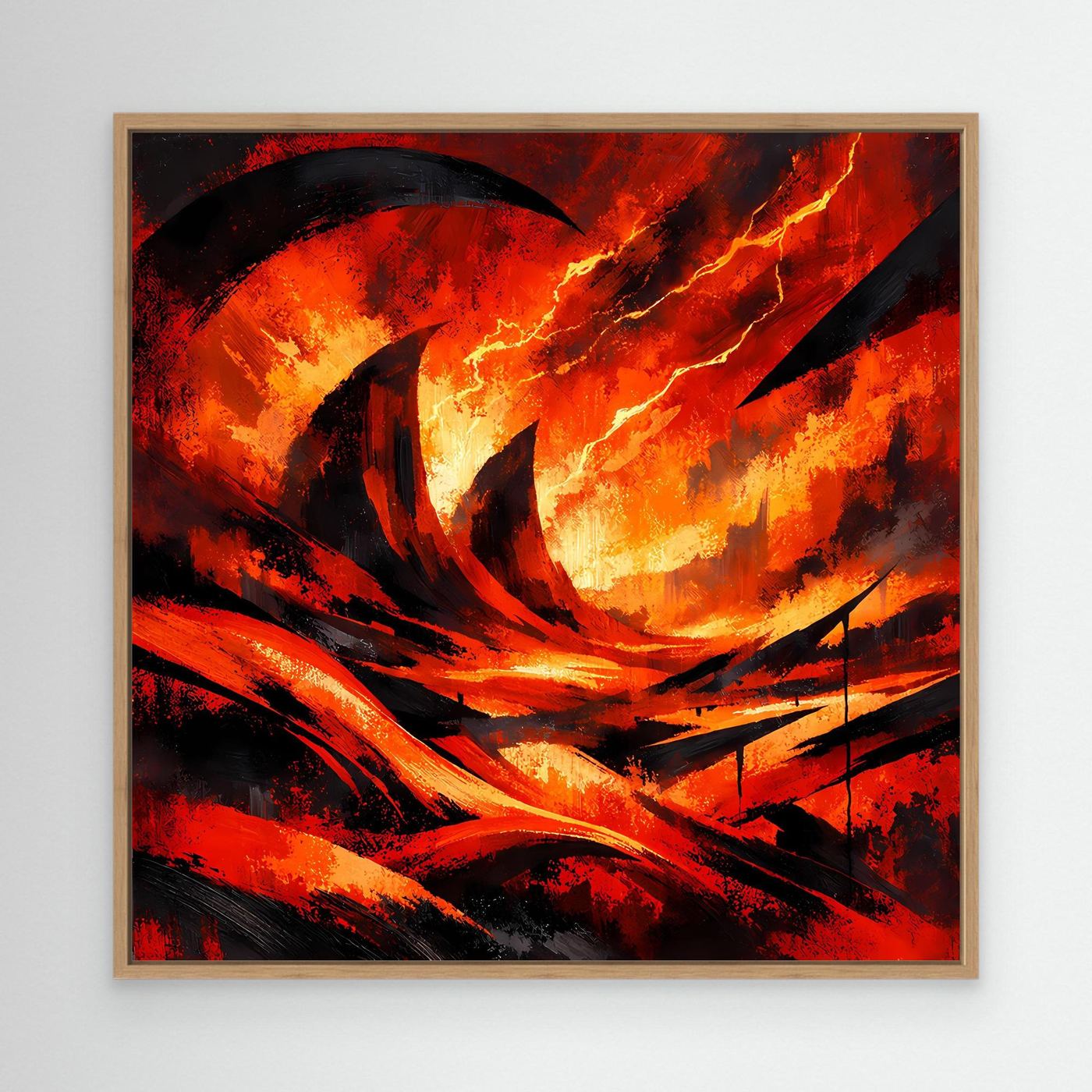 Abstraktes Lava-Wandbild mit hellem Holzrahmen, Rot/Orange und schwarze Blitze