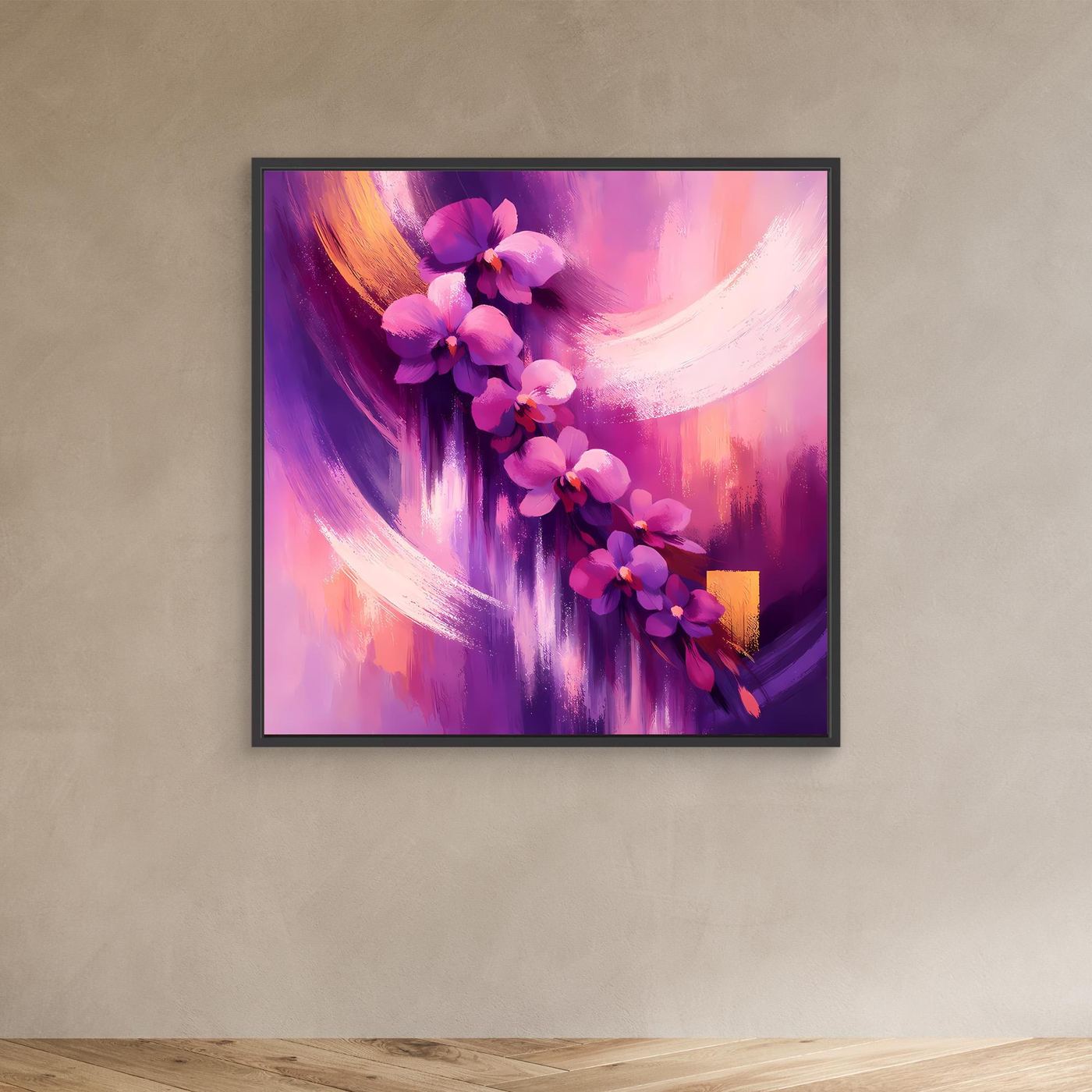 Leinwandbild mit abstrakten Orchideen in Lila- und Rosatönen, schwarzer Rahmen