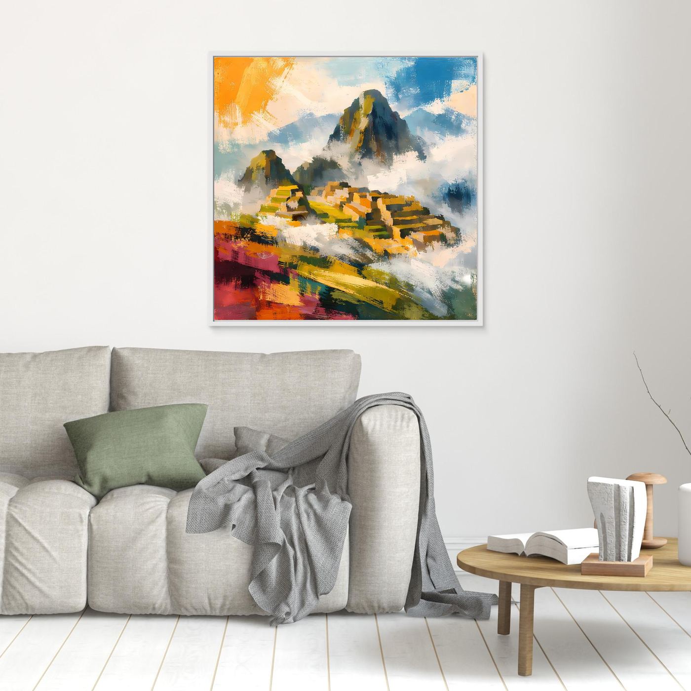 Abstraktes Wandbild mit bunten Pinselstrichen und Berglandschaft, im hellen Rahmen