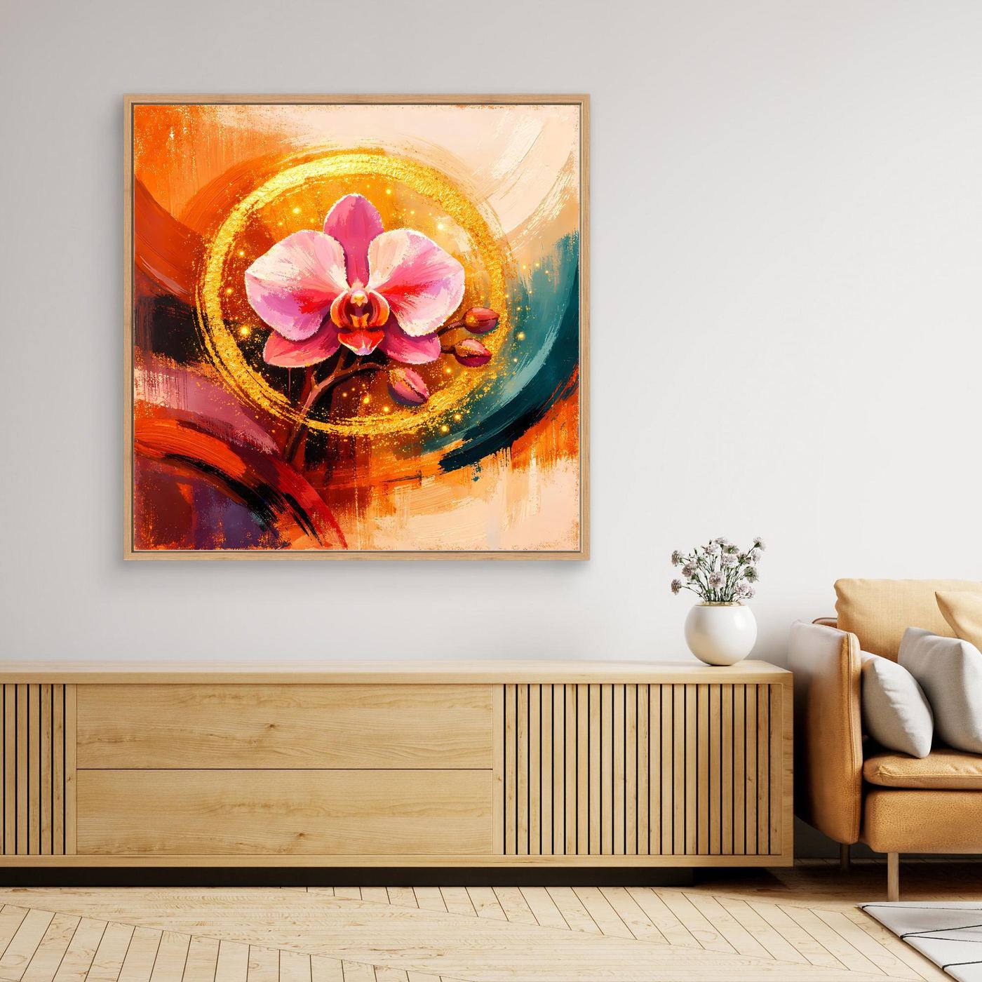 Florales Leinwandbild mit rosa Orchidee und goldener Kreisform, abstrakt, mit goldfarbenem Rahmen