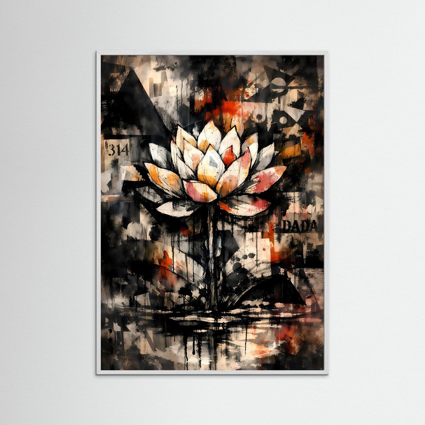 Kunstposter mit abstrakter Lotusblüte in Graphitschwarz, Altweiß & Rostorange, schwarzer Rahmen