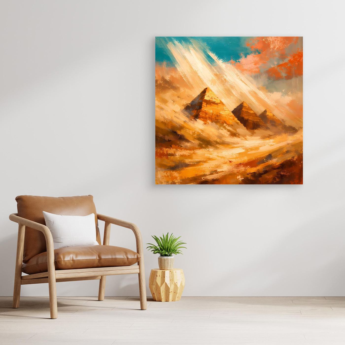Leinwand-Wandbild mit abstrakten Pyramiden in warmen Orange- und Türkistönen, mit goldfarbenem Rahmen