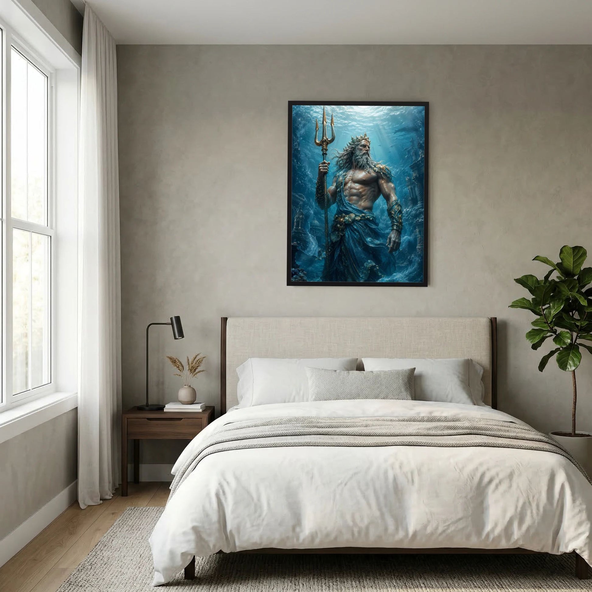 Poster mit Poseidon im Unterwasserbild, Dreizack erhoben, schwarzer Rahmen