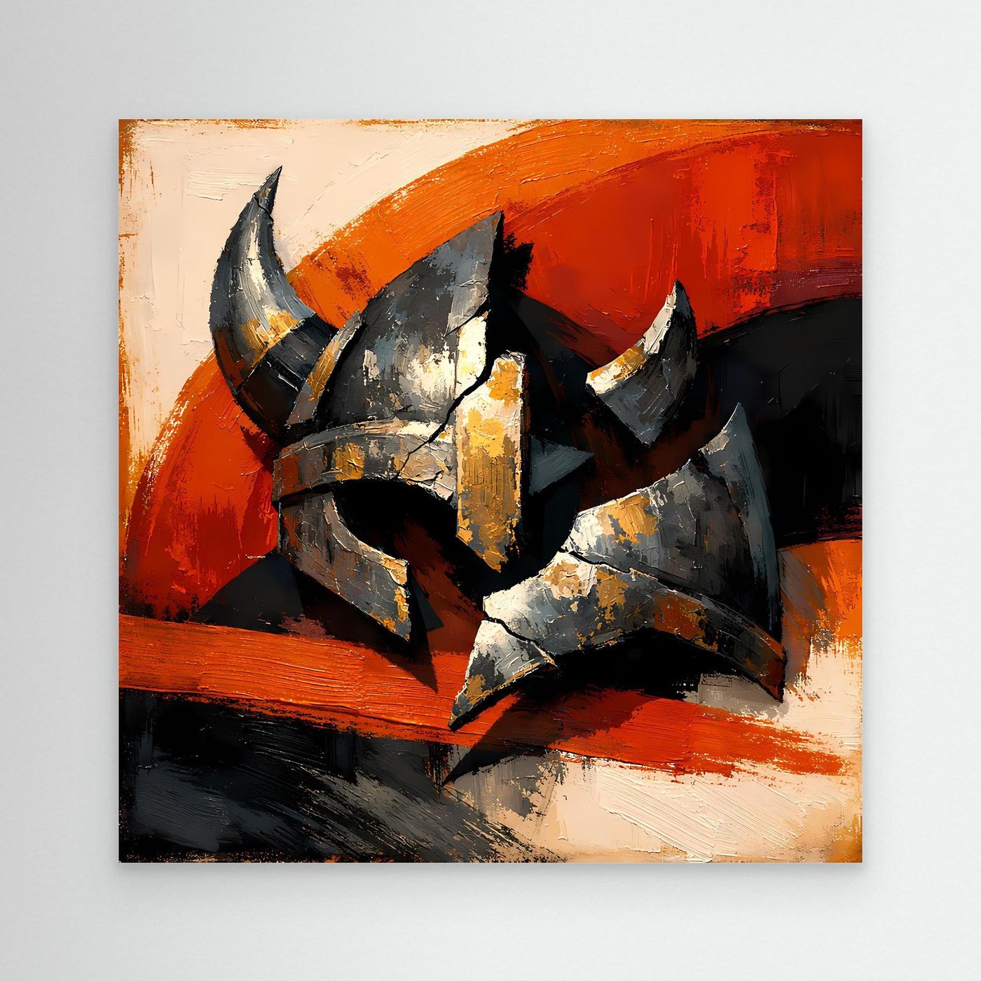 Gerahmtes Leinwandbild mit Wikingerhelm, abstrakt in Grau, Schwarz und Orange