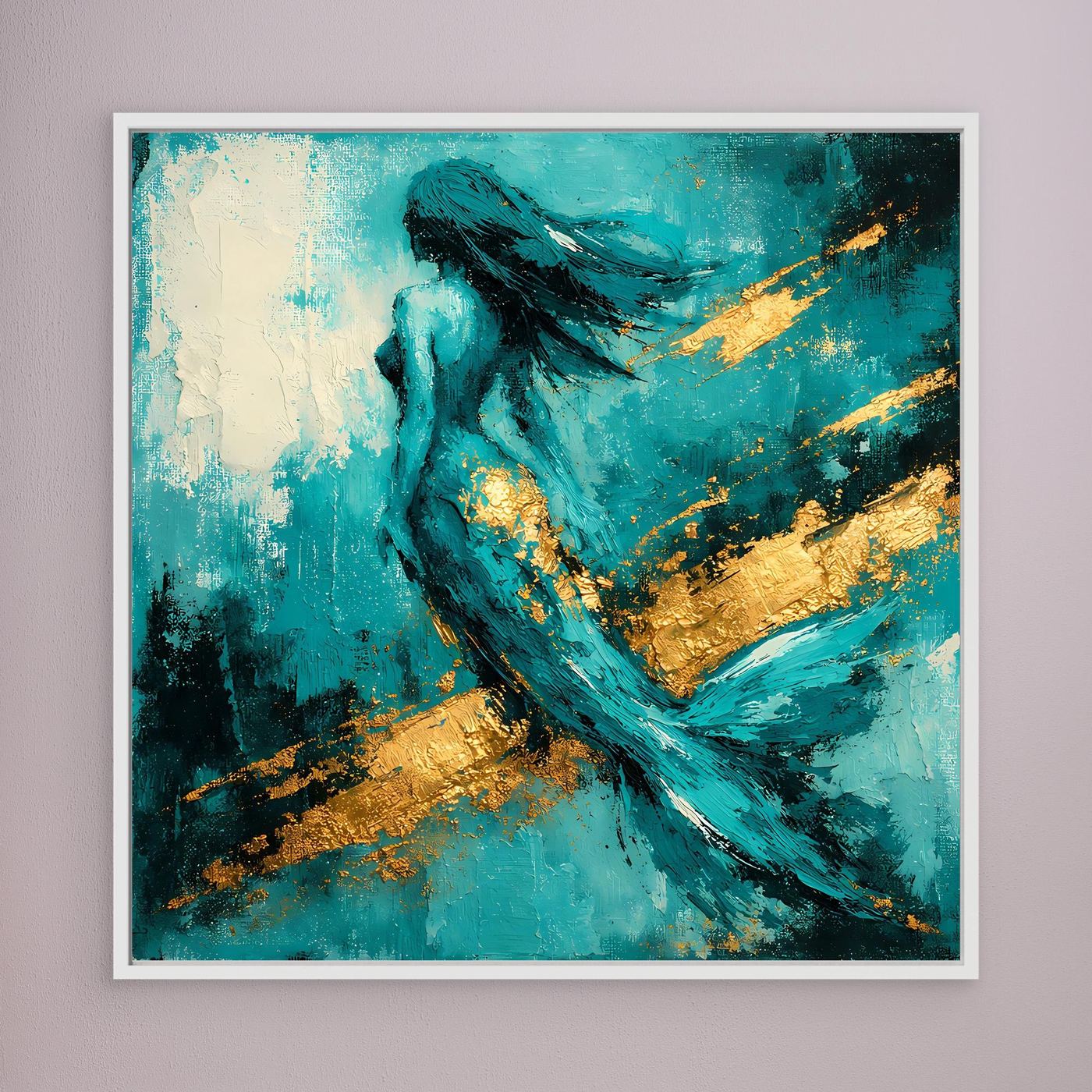 Leinwand Elegante Meerjungfrau in Türkis | Abstraktes Nixen Wandbild Gold Blau