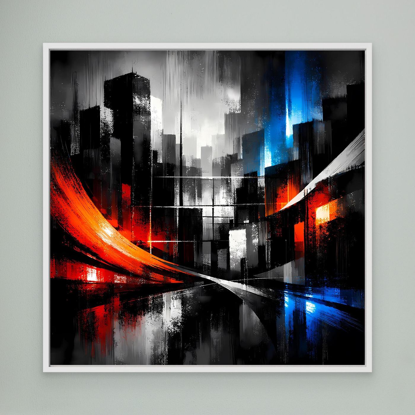 Leinwand-Wandbild mit abstrakter Skyline, rote und blaue Lichtspuren, weiß gerahmt