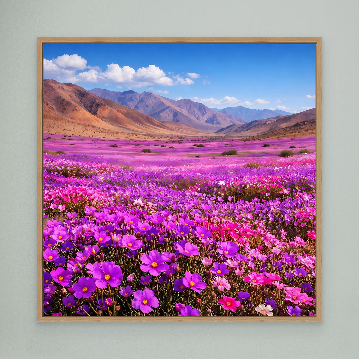 Leinwandbild mit lila Blumenwiese und Berglandschaft im Eichenrahmen