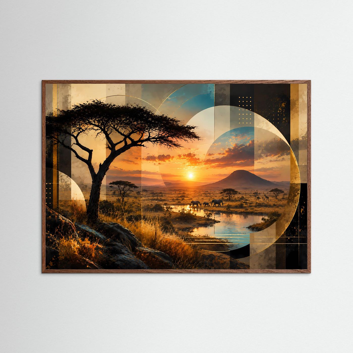 Querformat-Poster mit Savannenlandschaft: Baum-Silhouette, Sonnenuntergang, Berg und Fluss, naturfarbener Rahmen.