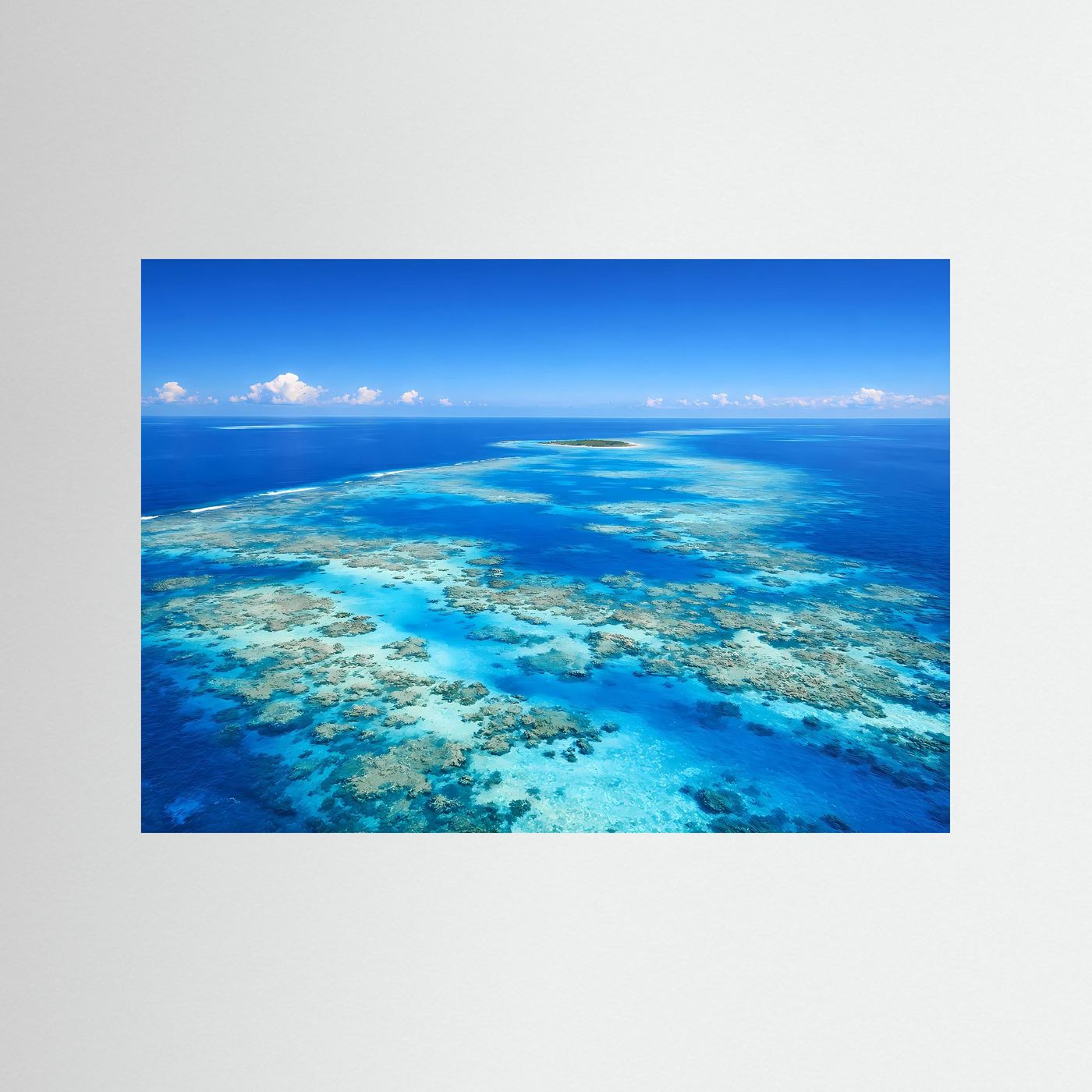 Wandbild mit Meerblick und Korallenriff, blaue Einfassung