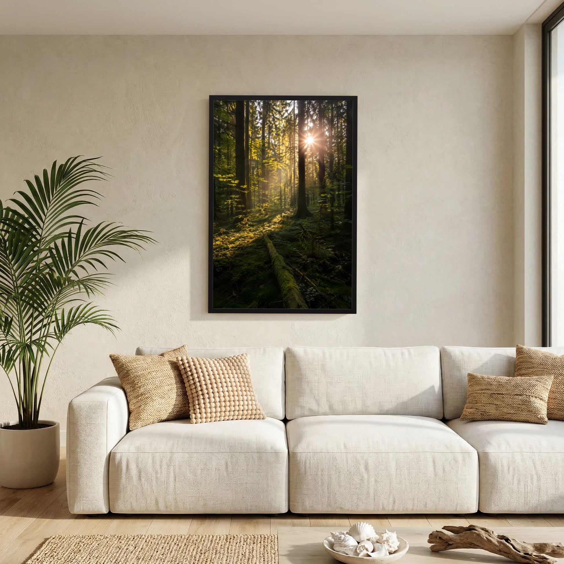 Hochformat-Poster mit schwarzem Rahmen und Sonnenstrahlen im grünen Wald