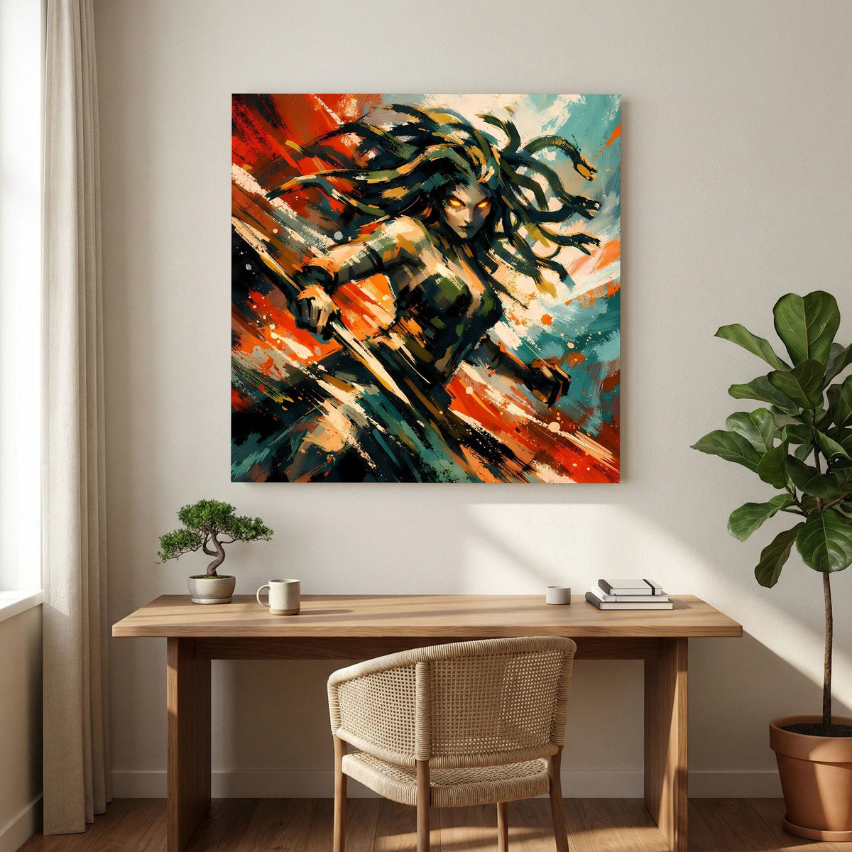 Leinwandbild mit Medusa-Illustration, schwarze Haare, orangefarbene Spritzer