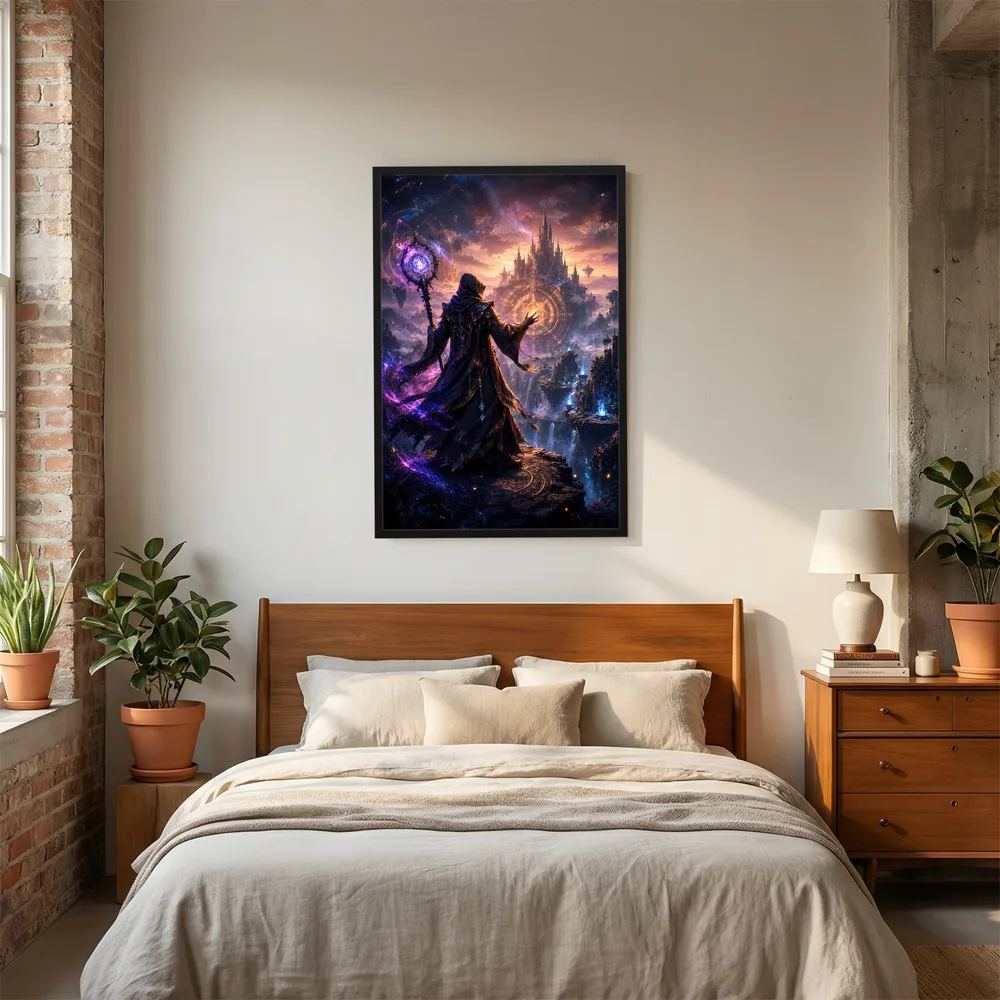 Kunstposter mit schwarzem Rahmen über dem Bett: Magier mit Stab vor mystischer Burg
