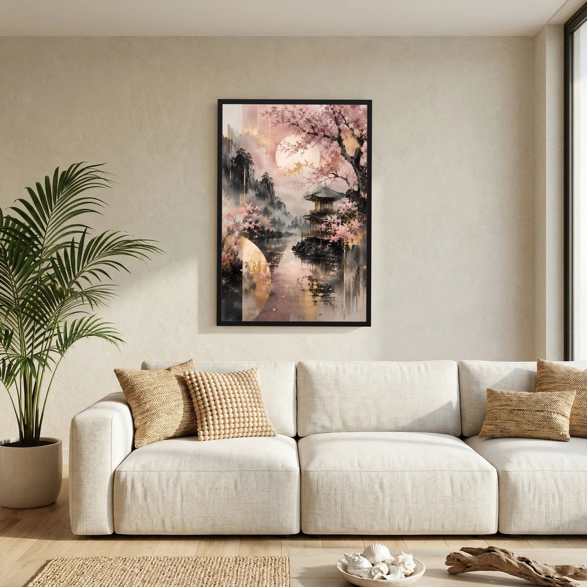 Hochformat-Poster mit Kirschblüten, japanischem Tempel am See und schwarzem Rahmen