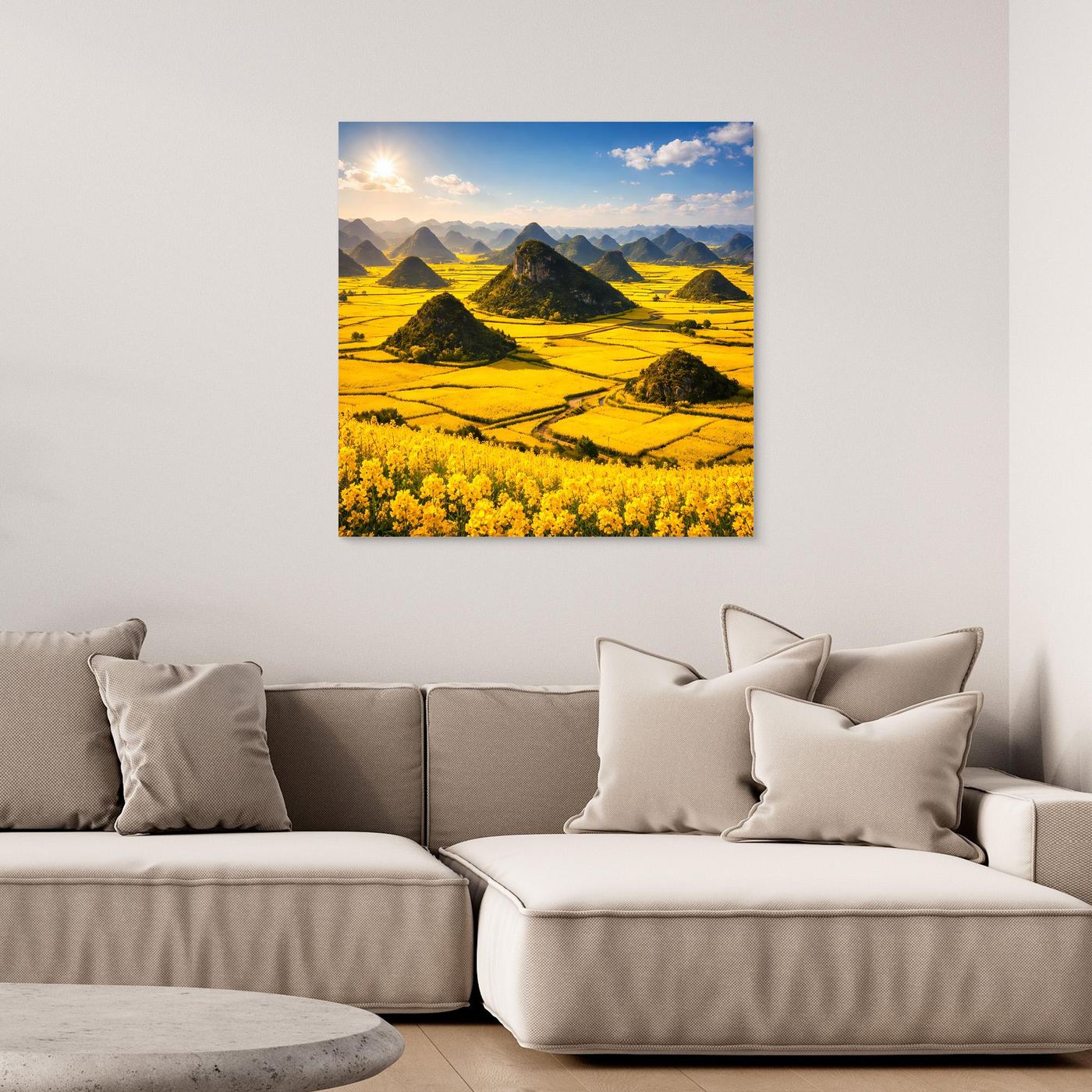 Leinwandbild mit goldenem Rapsfeld und Karstbergen, ohne Rahmen