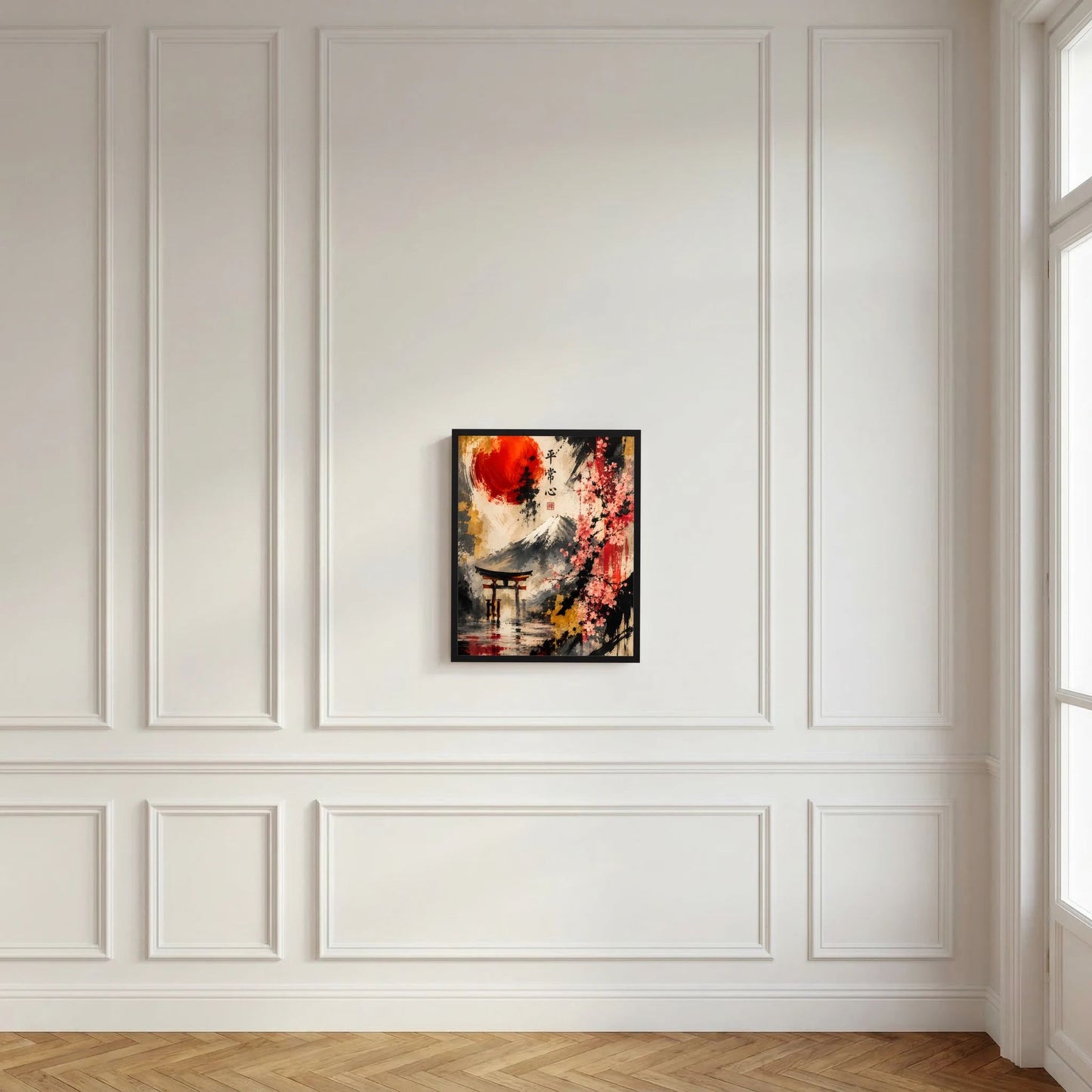 Kunstposter mit Fuji, roter Sonne und Kirschblüten im schwarzen Rahmen