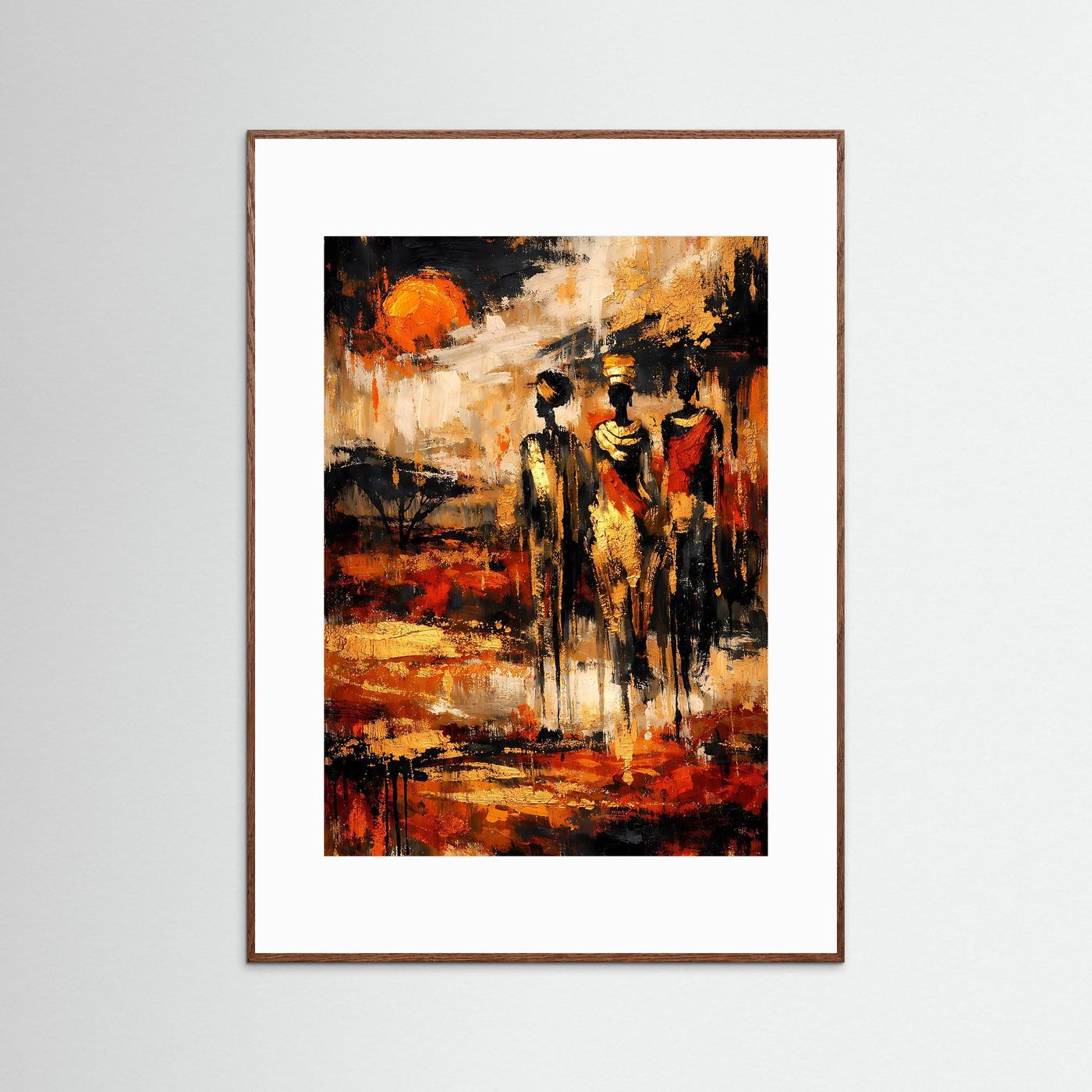 Kunstposter mit abstrakter Ethno-Figurenszene, orange/rot-schwarz, brauner Holzrahmen