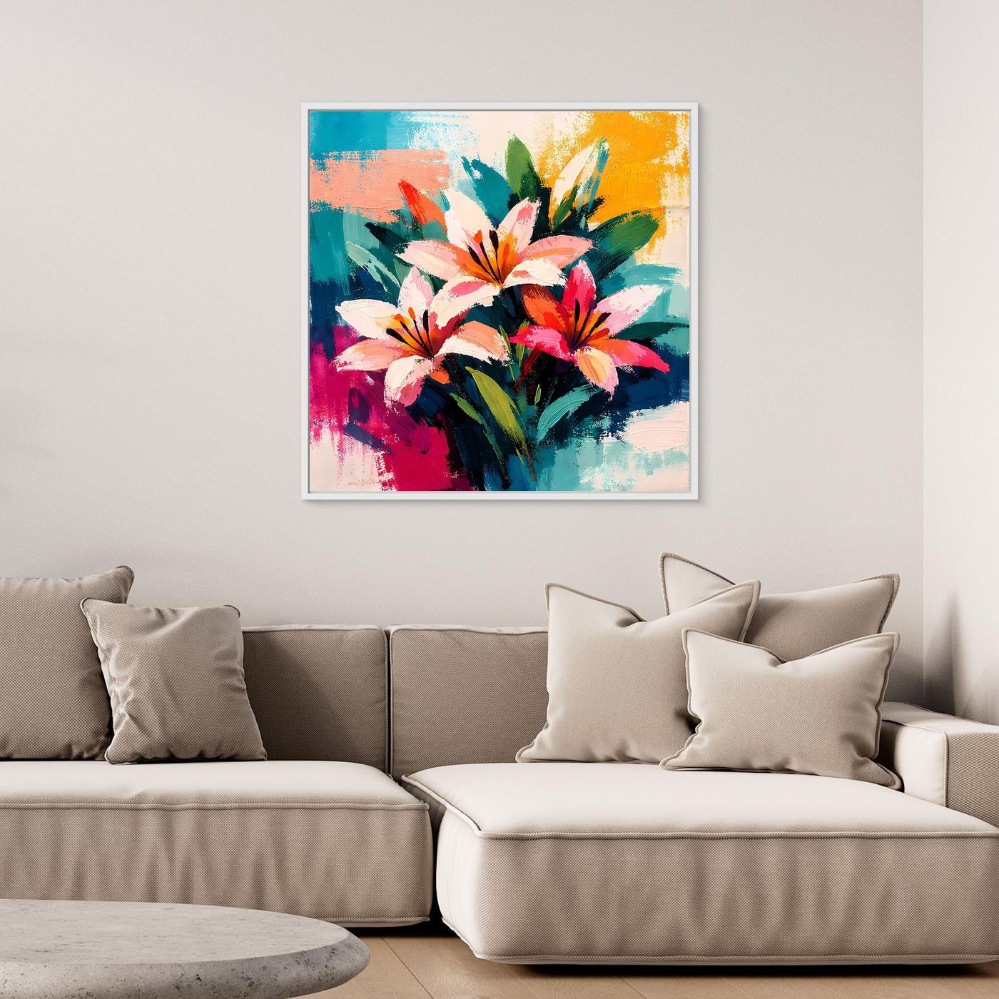 Abstract lily canvas wall art with colorful bouquet, light frame