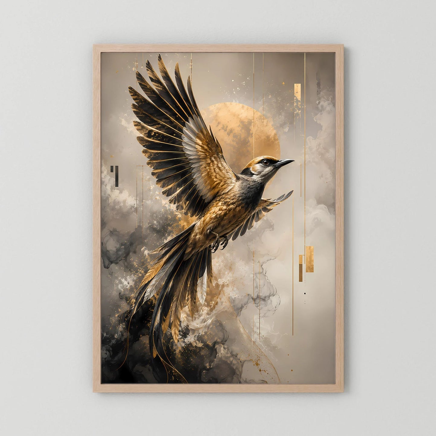 Hochformat-Kunstposter: Paradiesvogel im Flug, schwarz-gold, hellbraune Einrahmung