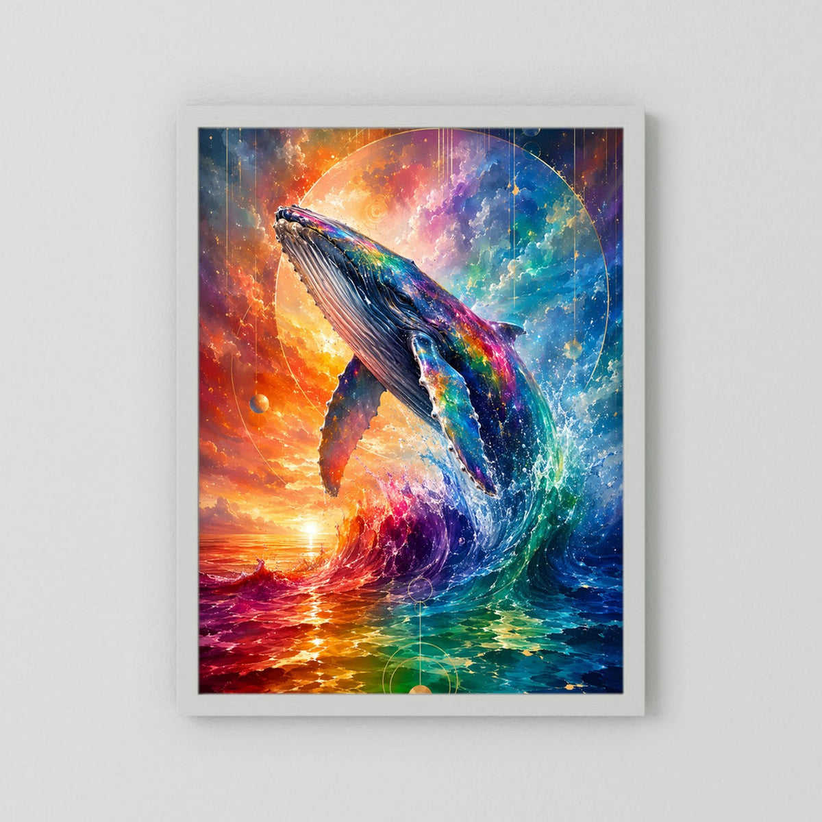 Poster im Hochformat mit Wal und Meer in leuchtenden Regenbogenfarben, mit weißem Rahmen