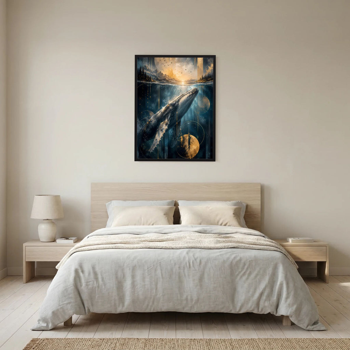 Hochformat-Poster mit schwarzem Rahmen: Wal unter Wasser, Ozean in Blau und Gold