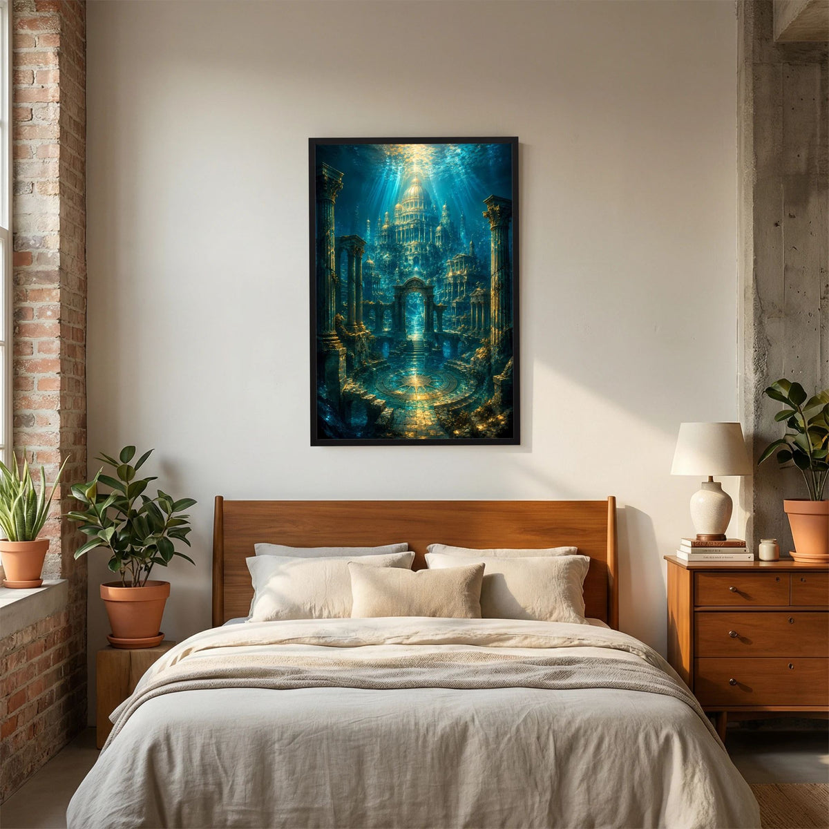 Unterwasser-Tempelposter im schwarzen Rahmen, gold leuchtende Kuppel in türkisblauer Halle