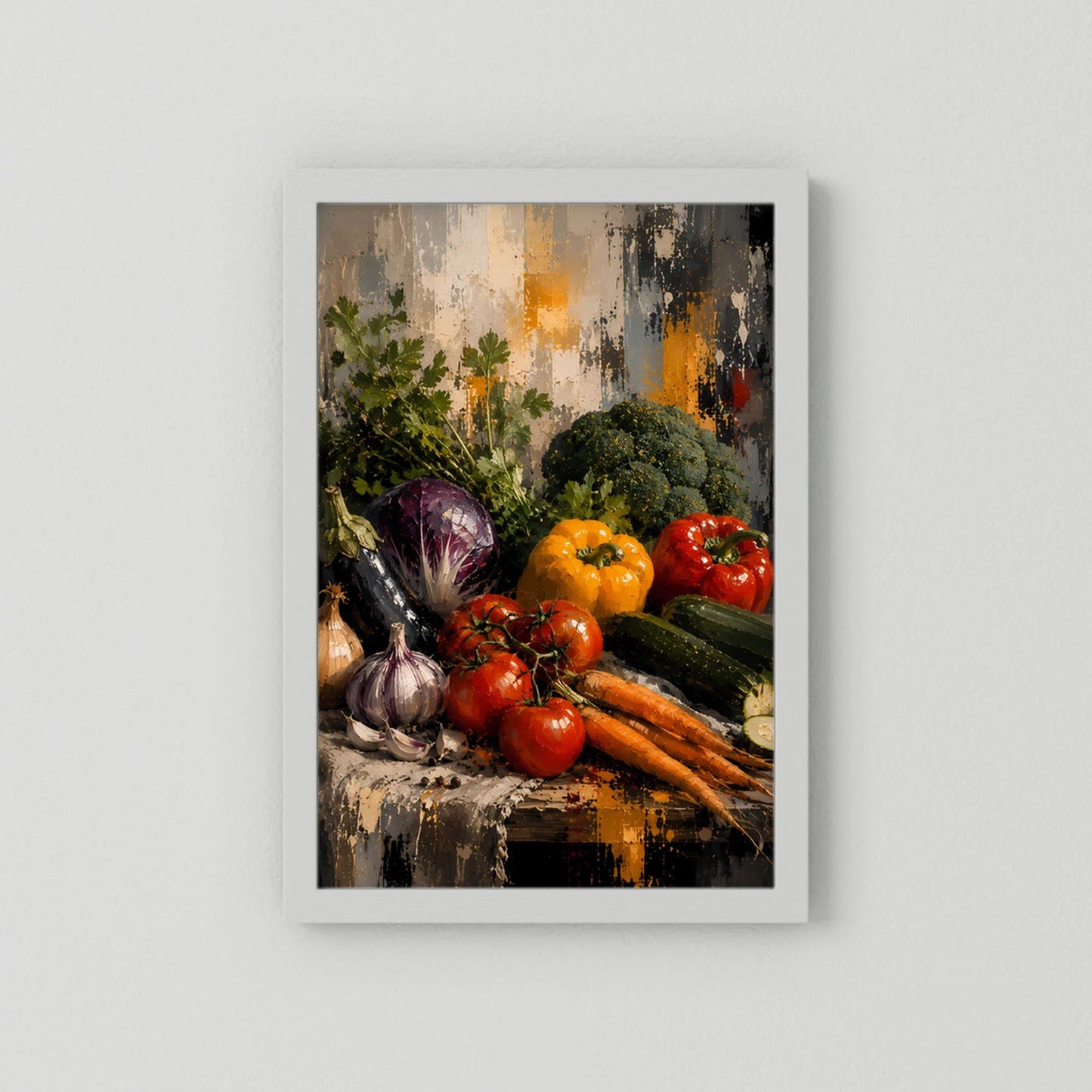 Gemüse-Poster im Hochformat mit weißem Rahmen, Stillleben aus Tomaten, Karotten und Knoblauch